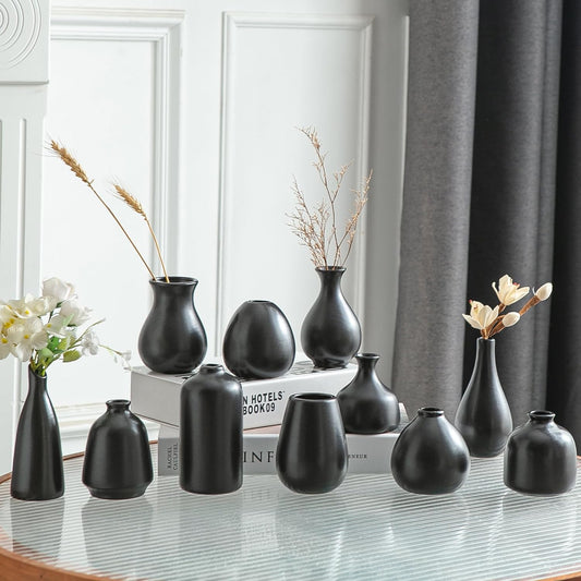 JOJUNO Black Bud Vases, Small Ceramic Vase Set of 11, Mini Pottery Vases for Flowers, Decorative Pieces for Home Modern Decor, Boho Decor, Chic Accents for Living Room Dining Table Shelves