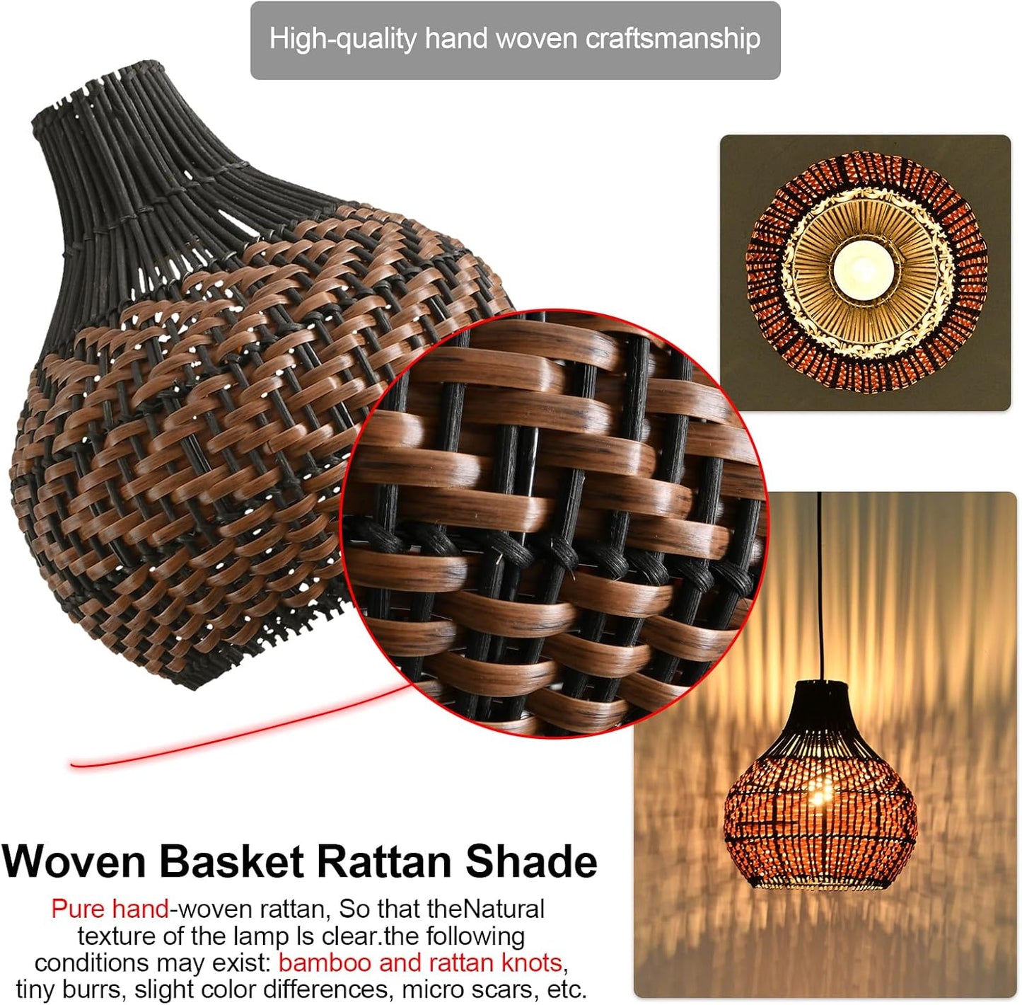 3-Pack Rattan Pendant Light 10.24" Hand-Woven Black Brown Fax Rattan Basket Chandelier Mini Boho Wicker Hanging Lamp for Dining Living Bedroom Kitchen Farmhouse