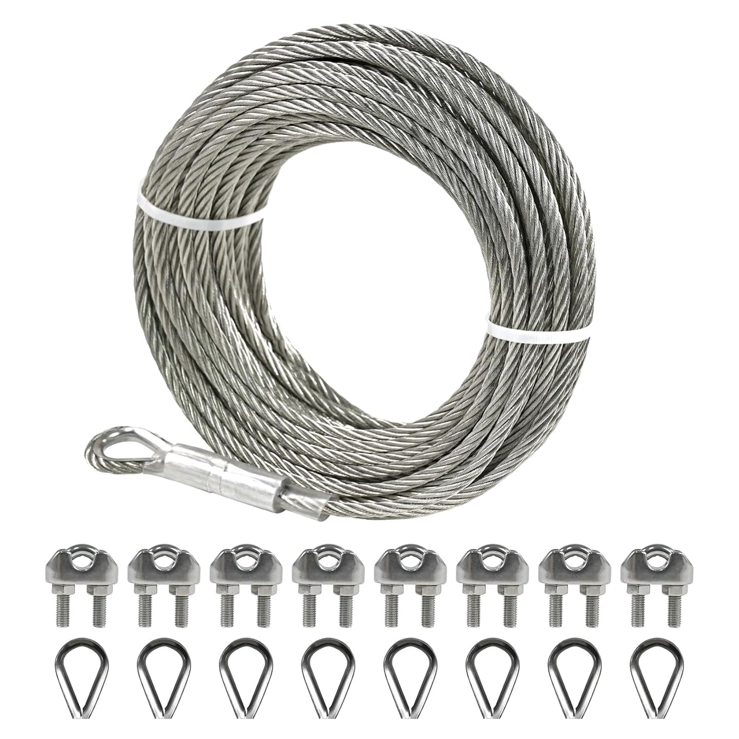 1/4" Stainless Steel Cable 50FT Wire Rope with Clamps and Thimble, 7X19 Strands Aircraft Cable for Zipline, Outdoor, Deck Railing, Heavy Duty Applications, Hanging, 6400lbs Breaking Strength