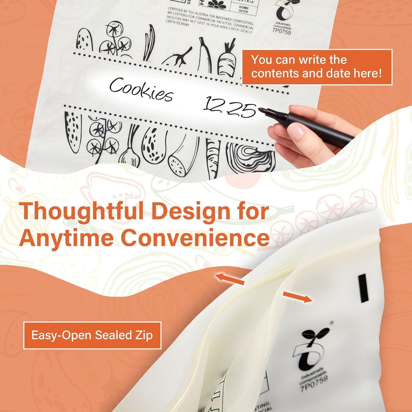 Compostable Food Storage Bags, Resealable Sandwich Bags, 100 Count, 6.7 x 6.8 inches, Extra Thick and Reusable, Eco-Friendly, Certified US BPI ASTM D6400 Europe OK Compost