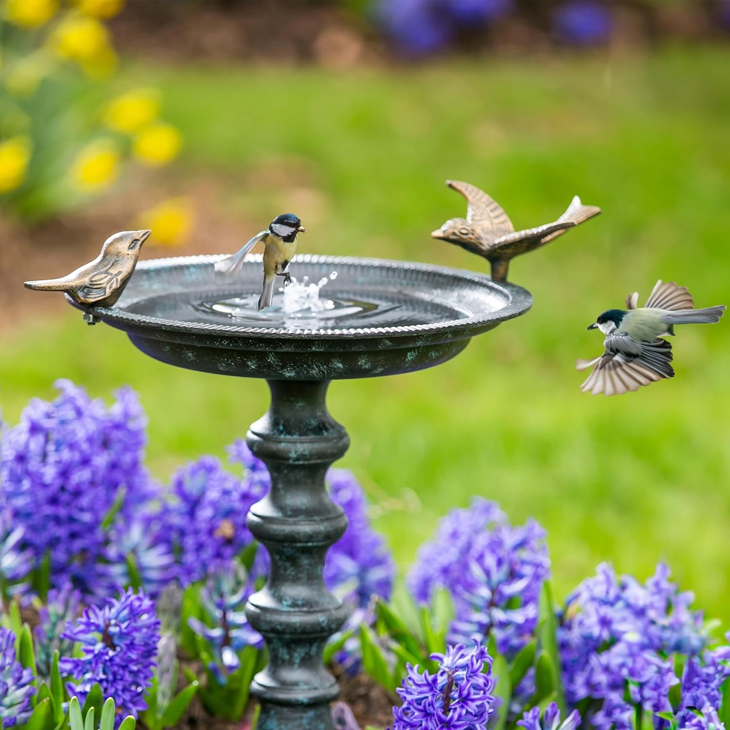 Evergreen Hummingbird Metal Bird Bath Bowl with Stand - Heavy Duty, Ground Standing Bird Bath and Feeder for Garden, Yard, Deck