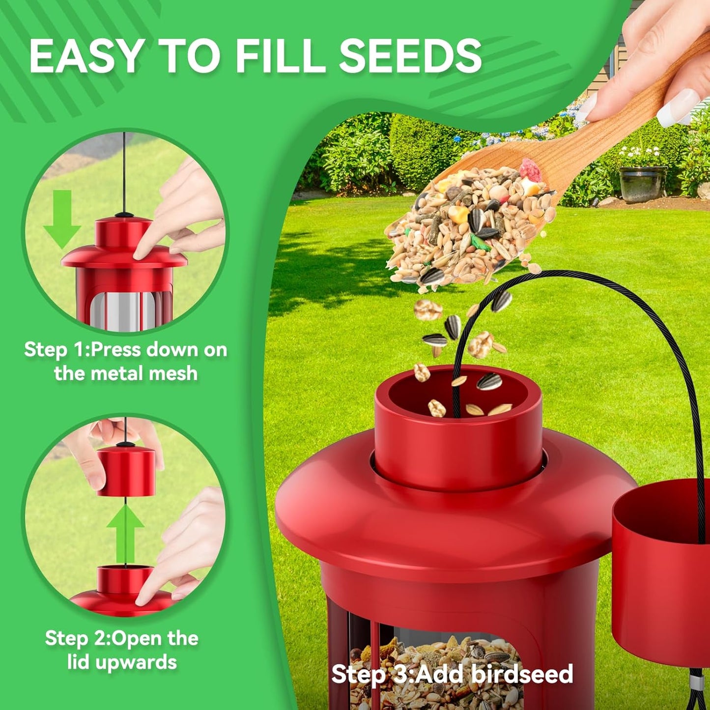 Squirrel Proof Bird Feeders for Outdoors Hanging, Metal Squirrel Proof Bird Feeder with Gravity Protection, 3LB Large Capacity Wild Bird Feeders for Outside Finch, Cardinal, Blue Jay (Red)