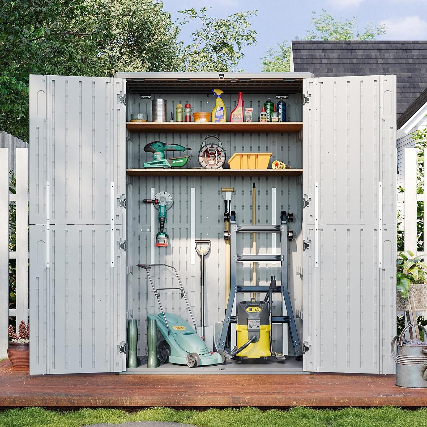 Aoxun Outdoor Storage Shed, 64 Cu.Ft Vertical Storage Sheds Outdoor with Floor, Outdoor Waterproof Storage Cabinet for Garage Storage, Pool Storage, Bike Shed, Garden Shed (White)