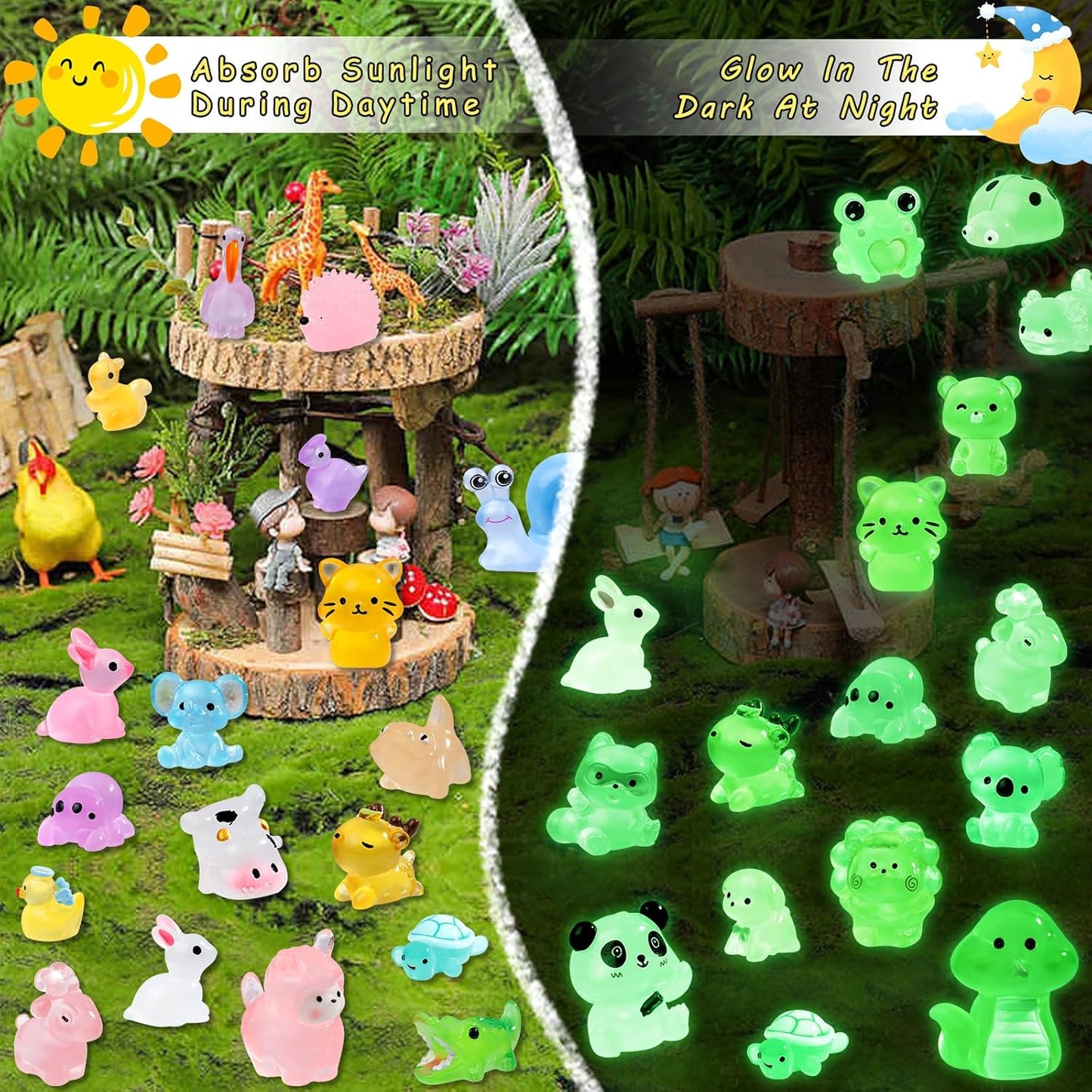 52Pcs Luminous Mini Resin Animals 52 Styles Miniature Glow in the Dark Resin Animal Figures to Hide Tiny Small Little Ducks Turtles Dinosaurs and Frogs for Micro Landscape Dollhouse Fairy Garden Decor