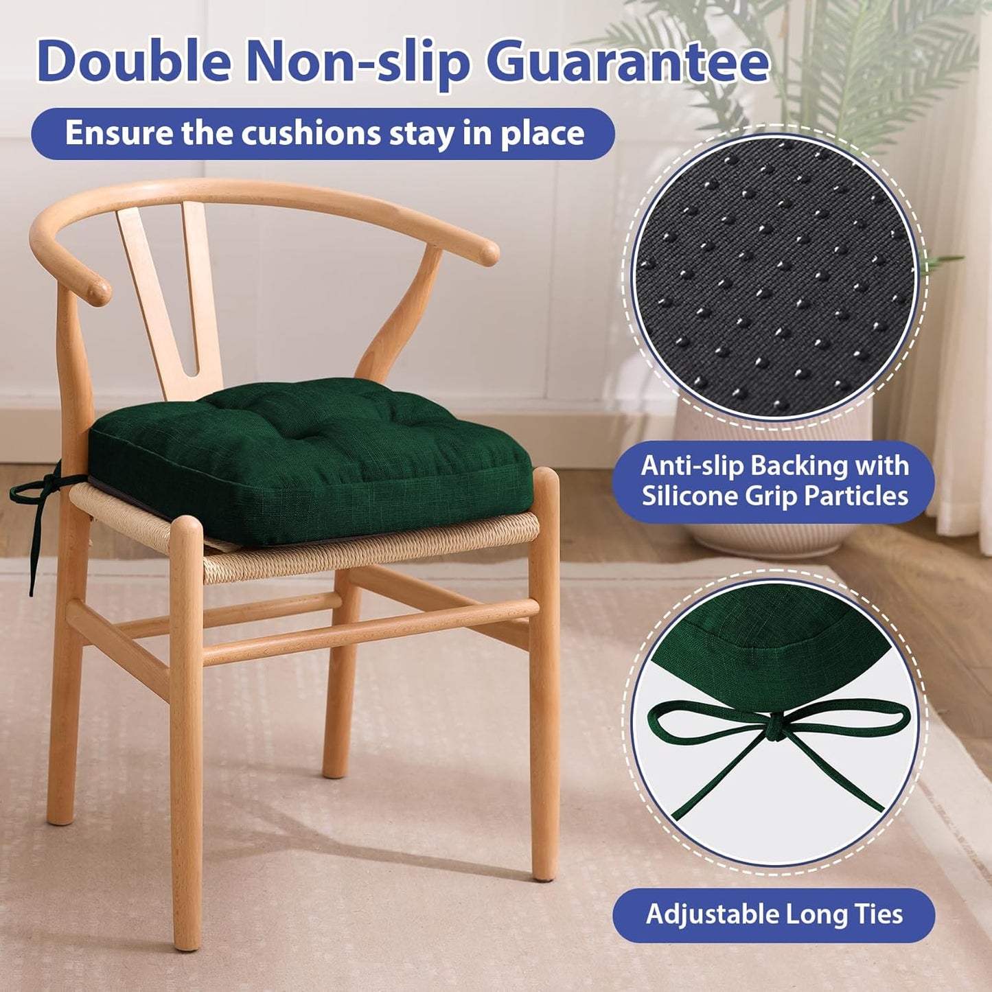 Chair Cushions for Dining Chairs, Dining Chair Cushions, Tufted Indoor Chair Pads with Ties & Non Slip Backing, Seat Cushions for Kitchen Chairs 16.5” x 16.5” x 3.5”, Set of 4, Green