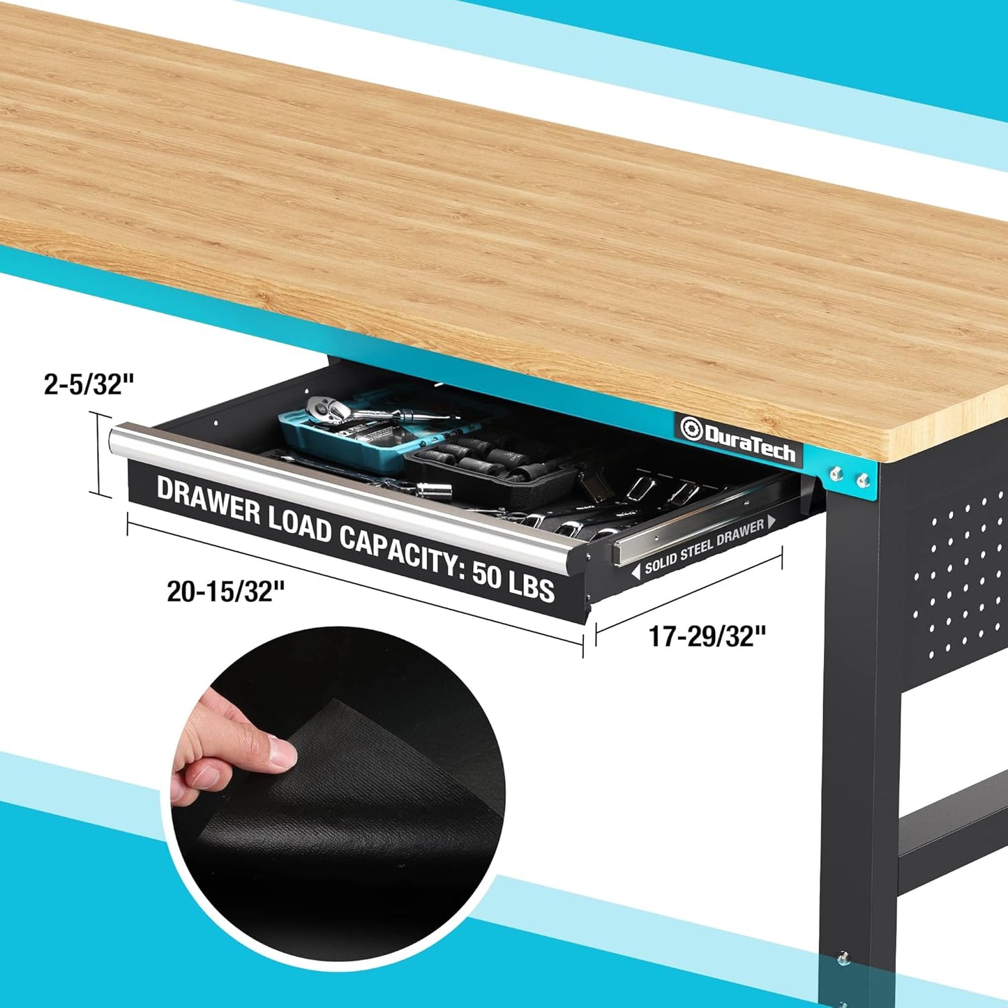 DURATECH 72” Adjustable Workbench, Heavy-Duty Rubber Wooden Top Worktable with a Drawer, 6ft Workstation with Power Strip, Peg Board, 2000 LBS Load Capacity for Workshop Garage Office Home