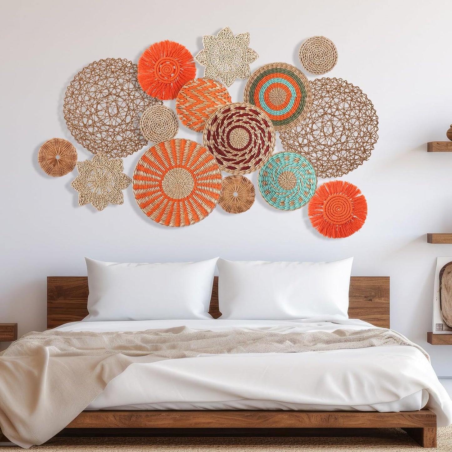 15 Pcs Boho Wall Basket Decor Woven Rattan Seagrass Wall Decor Hanging Rustic Farmhouse Western Art Decoration for Nursery Living Room Bedroom Home Kitchen(Orange Style)