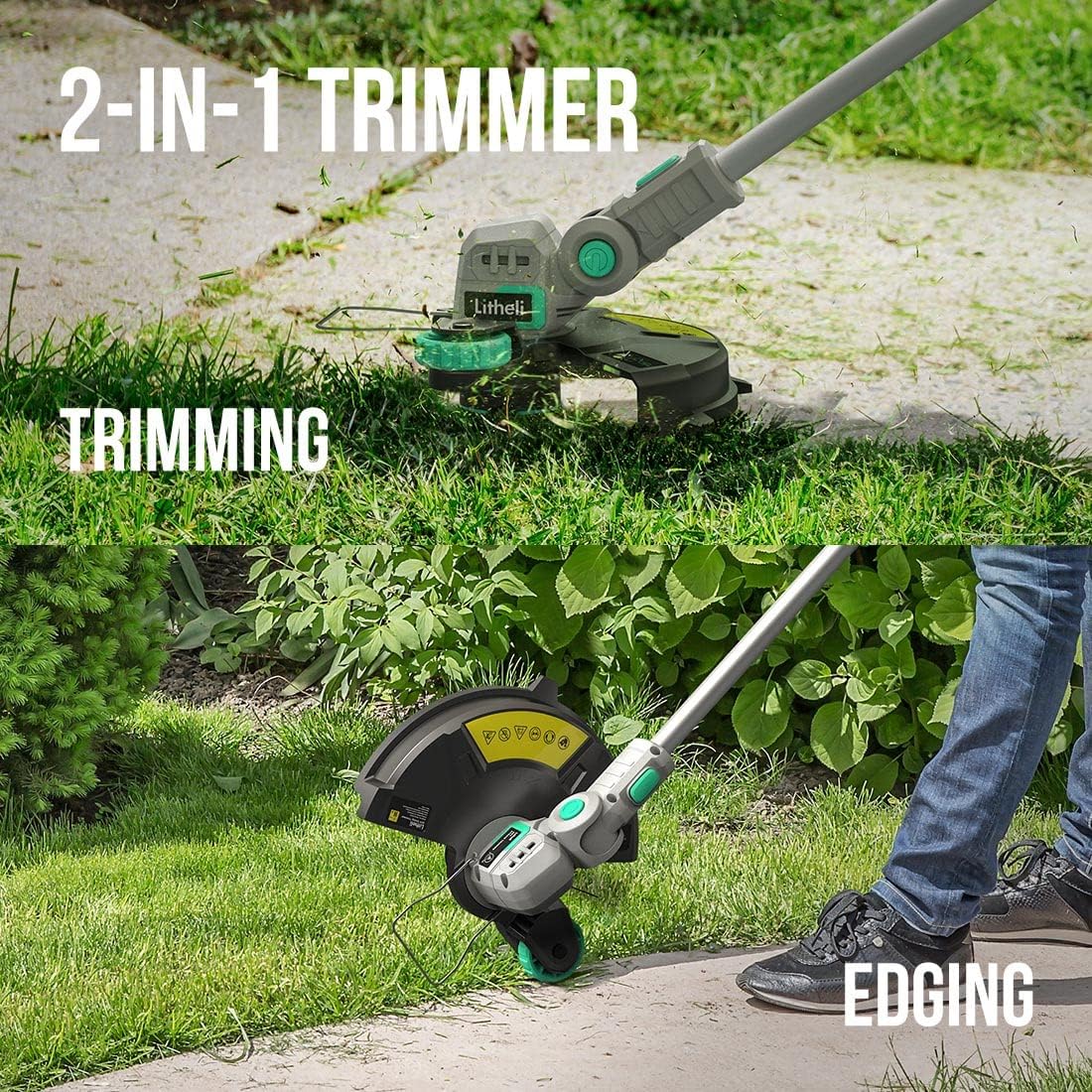 Litheli 20V Cordless String Trimmer and Edger, 12" Electric Weed Wacker with Auto Line Feed, Includes 2.0Ah Battery and Charger.