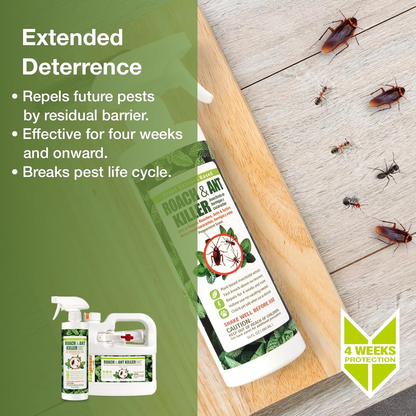 EcoVenger Roach & Ant Killer 16OZ, Kills on Contact, Extended 4-Week Deterrence, Kills Cockroaches, Ants & Other Indoor & Outdoor Crawling Insects, Peppermint Oil, Non-Toxic, Safe for Children & Pets