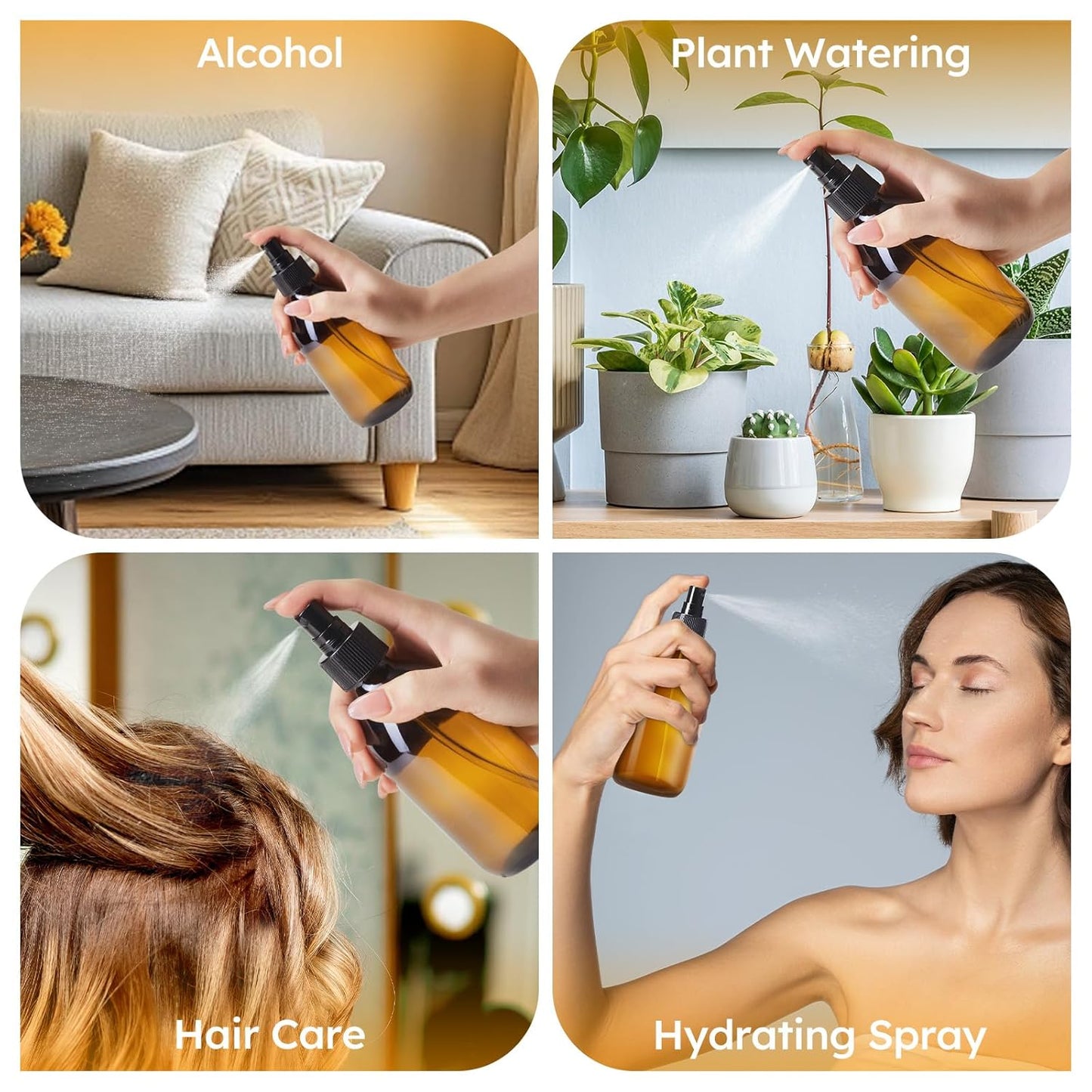 Tecohouse Amber Glass Spray Bottles 10.8oz, 2 Pack Empty Spray Bottle for Essential Oils, Small Glass Bottles for Cleaning Solutions, Plants, Hair with Durable Nozzle, Labels, Funnel