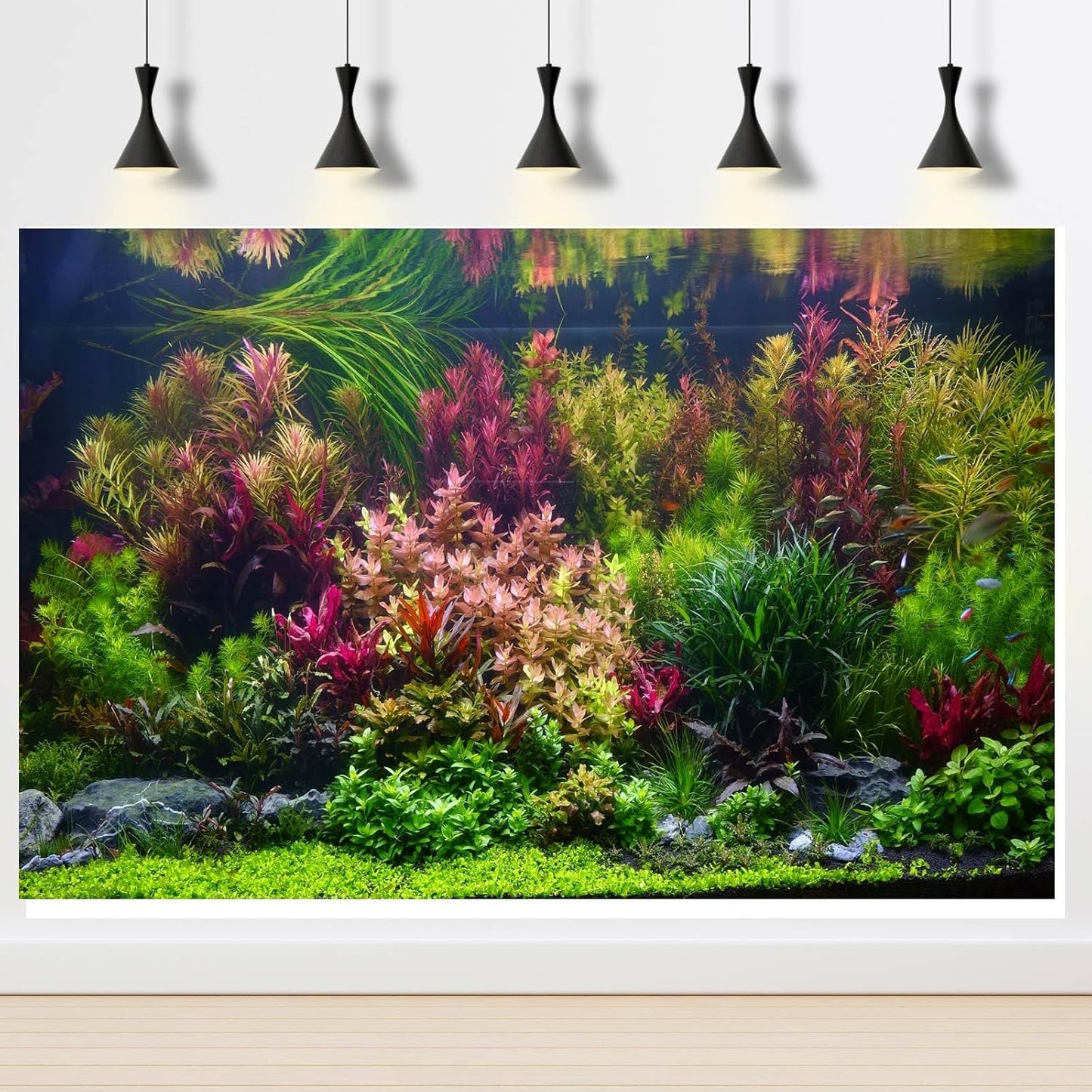 Aquarium Background Various Vivid Fresh Underwater Aquatic Plant Fish Tank Aquarium Backdrop Stone River Bed and Lake Fish Terrarium Background Decor Vinyl 36x20in