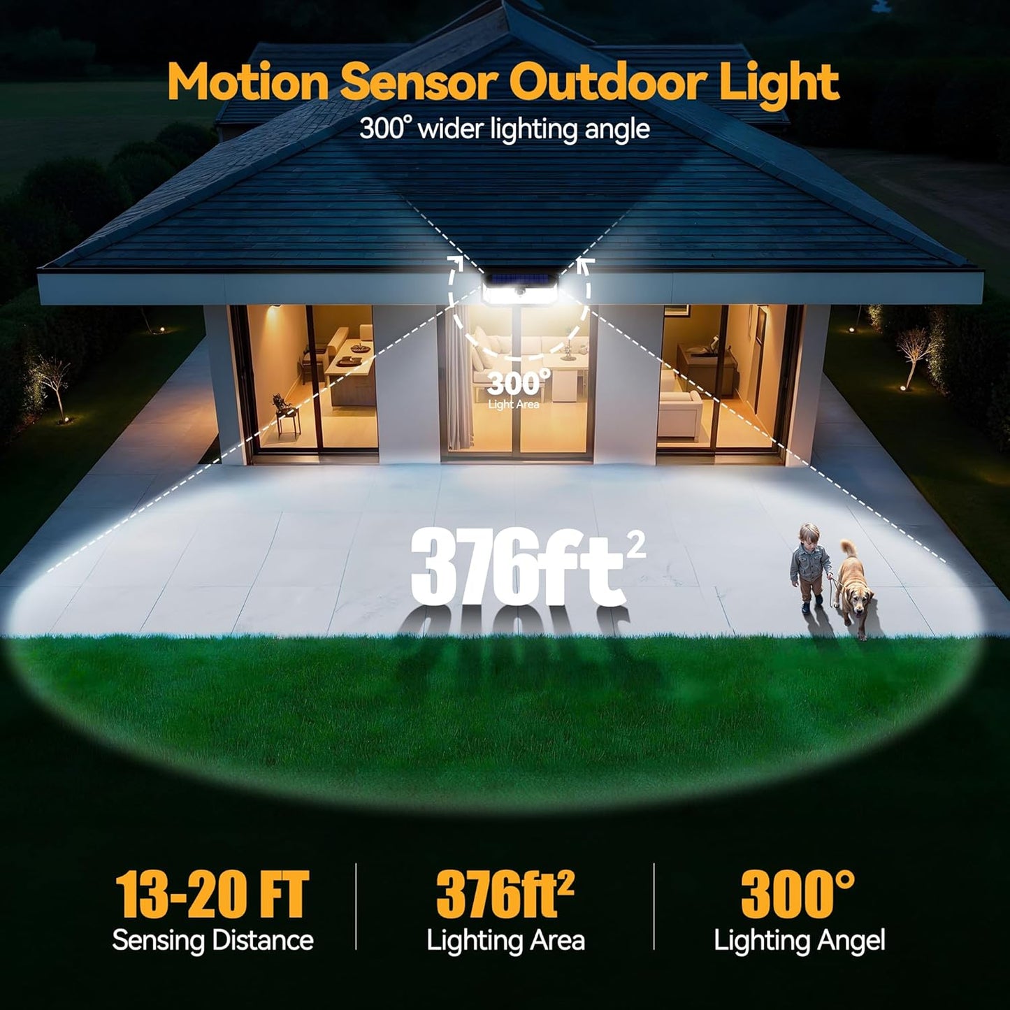 TECKNET Super Bright Solar Lights Outdoor 3 Pack, 2×231 LED and 1×416 LED, 300° Angle & 3 Lighting Modes Motion Sensor Outdoor Lights, Waterproof for for Fence Front Door Yard Deck Garden Garage