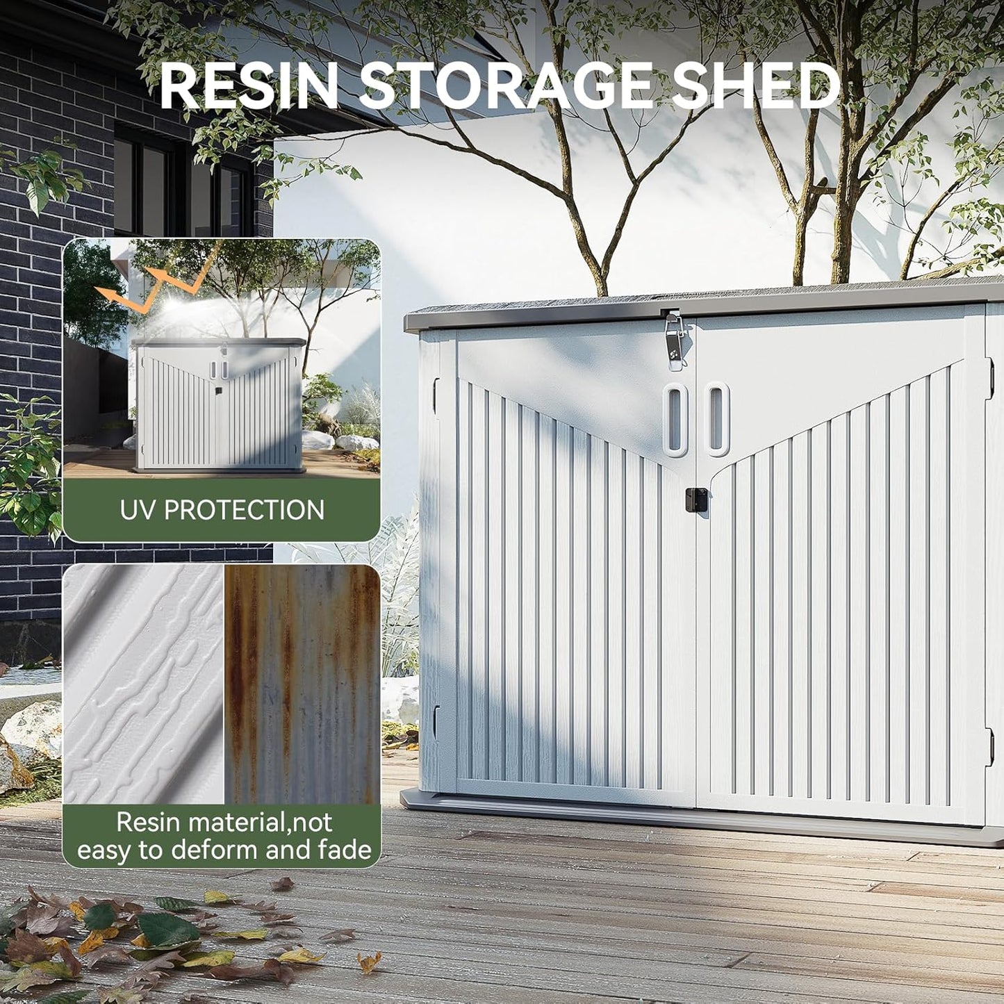 Aoxun 35 Cu.Ft Outdoor Storage Shed, Waterproof Horizontal Resin Cabinet for Trash Cans, Lawn Mowers, Generators, and Garden Tools, White