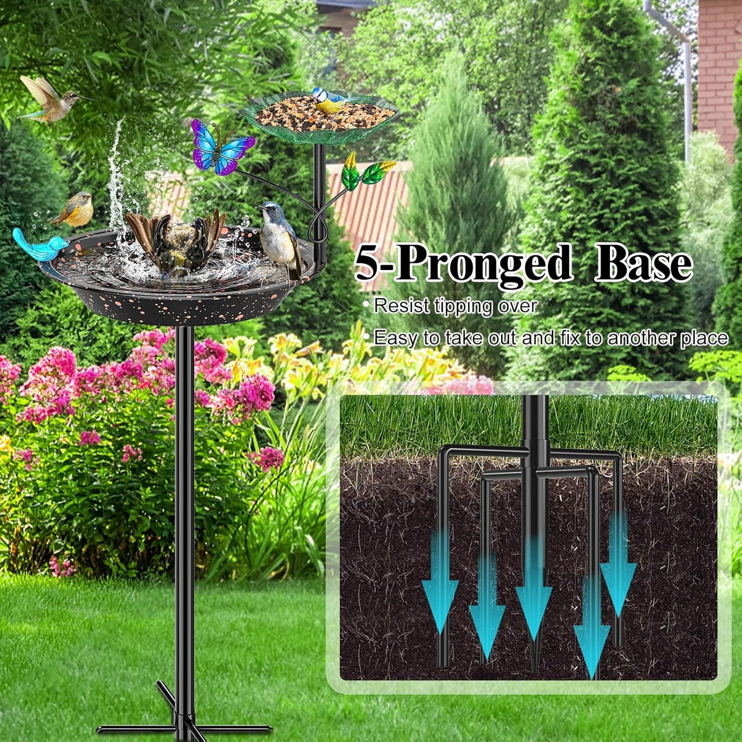 Metal Bird Bath for Outside Garden Birdbath Bowl, Freestanding Bird Feeders for Outdoors with 5 Prongs Base Stake, Standing Birdfeeders Birdbath Bowl for Yard Decor (2-in-1)