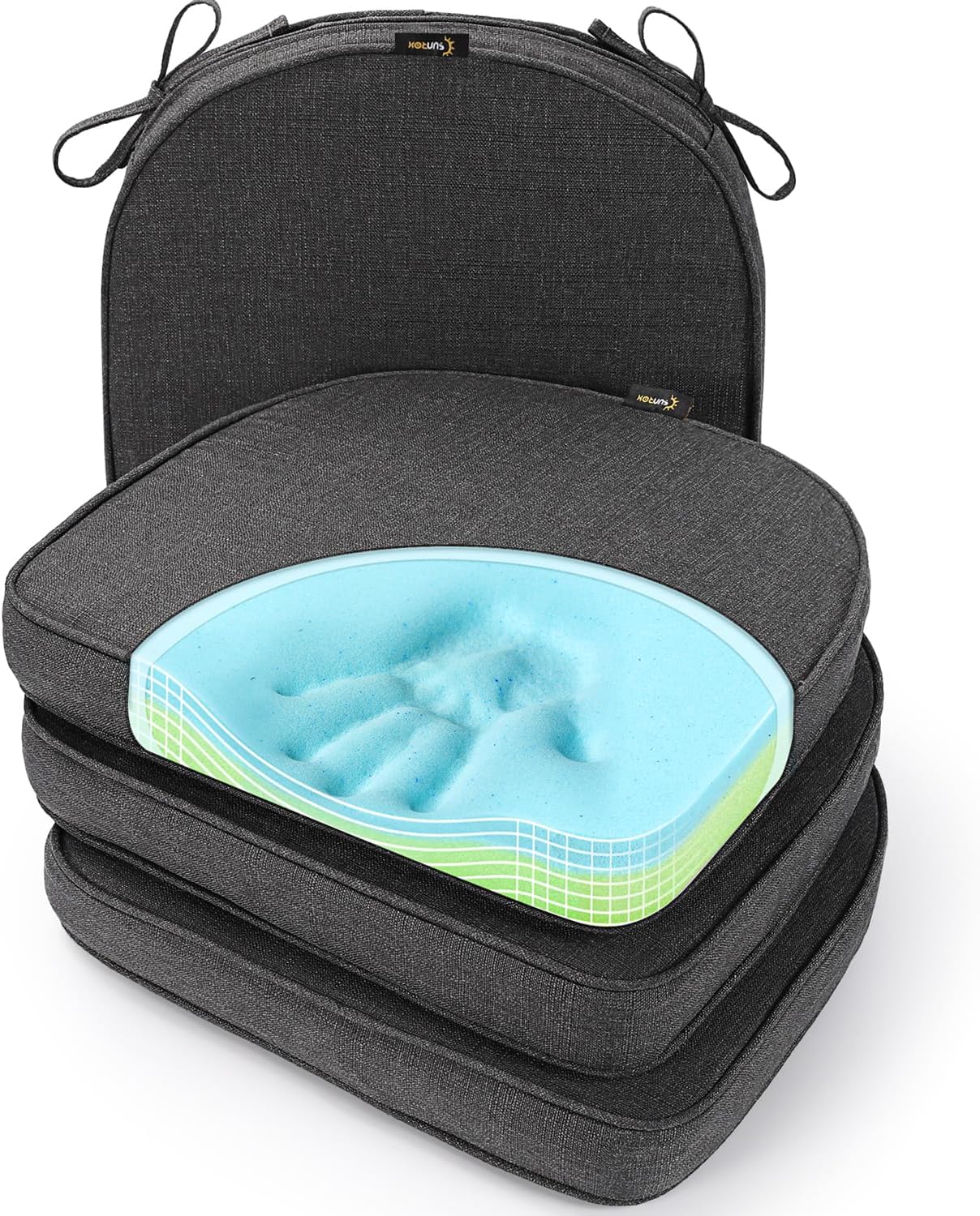 SUNROX Gel Memory Foam Chair Cushions, FadeShield Water-, Stain-Resistant Durable Reversible Seat Cushion Pads with Ties for Indoor/Outdoor Kitchen Dining Office, 19"x19", Set of 4, Midnight