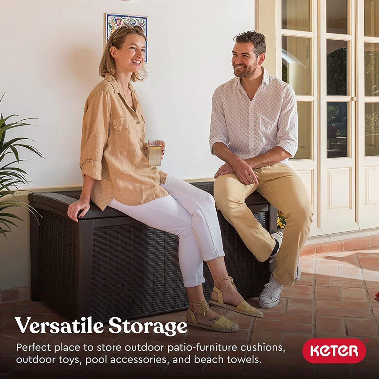 Keter Outdoor Storage Deck Box, for Patio, Backyard & Garden, Borneo, 110 Gallon, Brown - Lockable, Organizing, and Waterproof Plastic Container Bench