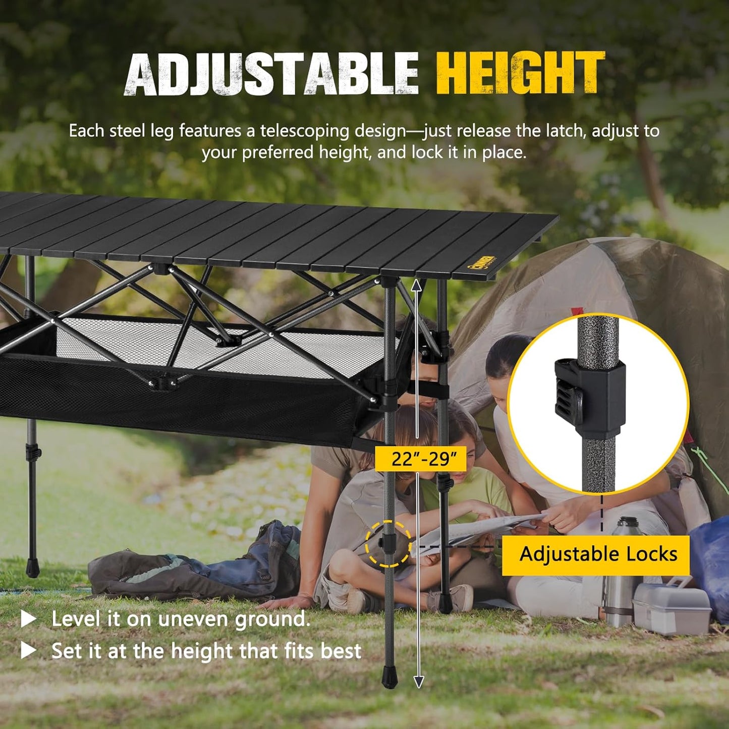 BUNKER INDUST Folding Camping Table, Outdoor Portable Roll-Top Aluminum Table with Carry Bag for Picnic,Beach,BBQ,Backyards, Adjustable Height