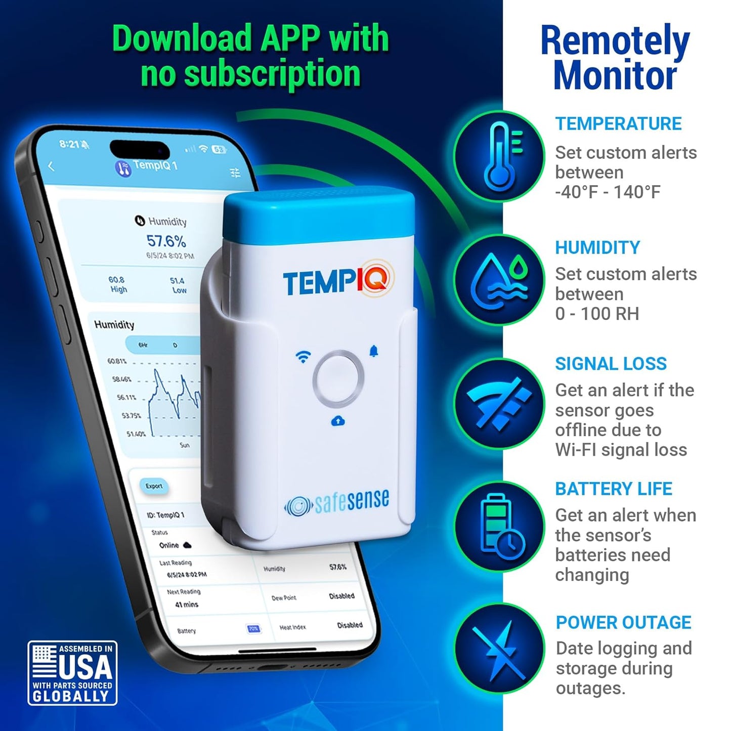 TEMPIQ Remote WiFi Temperature & Humidity Sensor - App Integration, Alerts, Helps Monitor 2nd Home, AirBnb, RV, Pets,Freezer and Server Room, Indoor & Outdoor Hygrometer & Thermometer