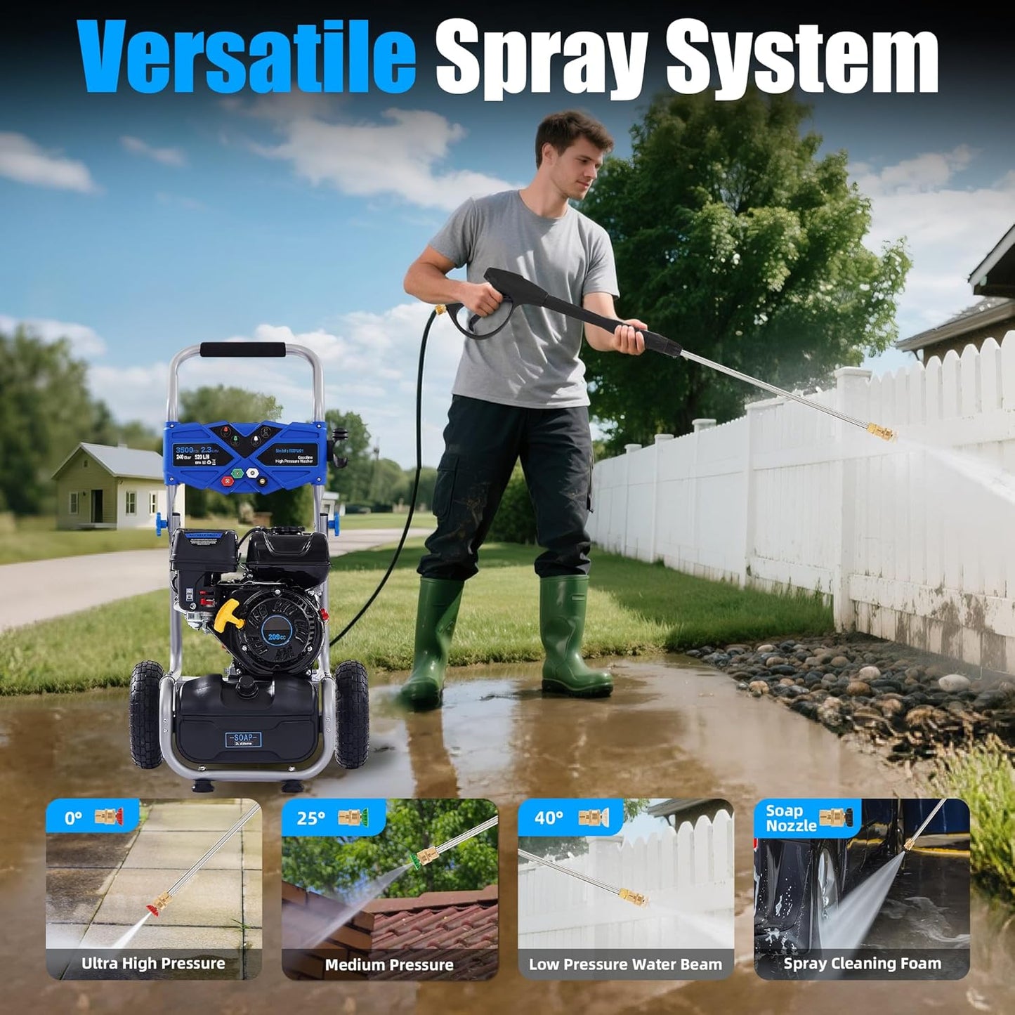 3500 PSI Gas Pressure Washer, 209CC Engine, 2.3 GPM, 4 Adjustable Nozzles, 25ft Hose for Cleaning Cars, Patios, Walls, and Gardens (Blue)