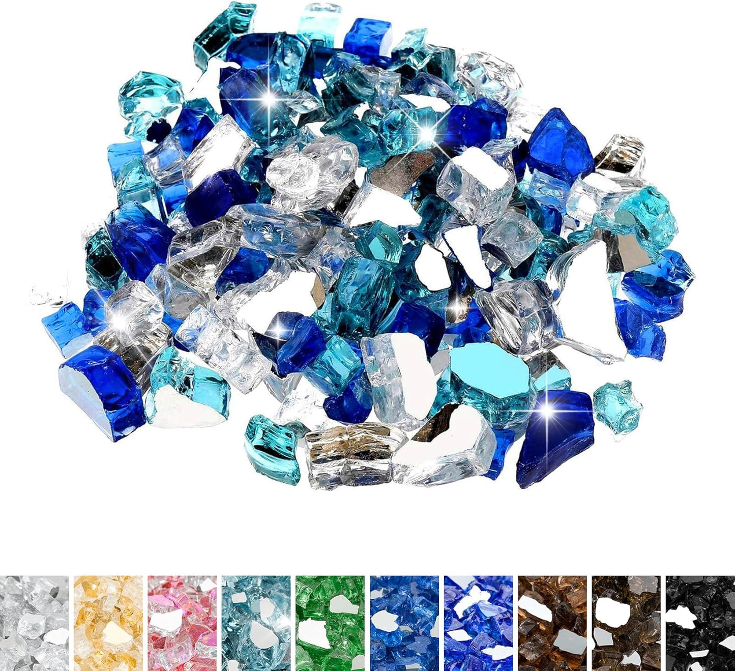 Mr. Fireglass 10 Pounds Blended Fire Glass - 1/4 Inch Mixed Colored High Luster Reflective Tempered Glass Rocks for Fireplace Fire Pit Table Fireplace and Landscaping, Aqua Blue+Cobalt Blue+Platinum