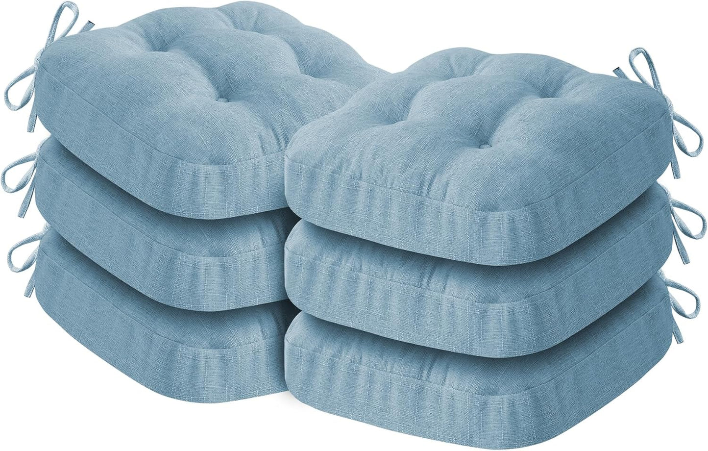 Chair Cushions for Dining Chairs, Dining Chair Cushions, Tufted Indoor Chair Pads with Ties & Non Slip Backing, Seat Cushions for Kitchen Chairs 16.5” x 16.5” x 3.5”, Set of 6, Light Blue