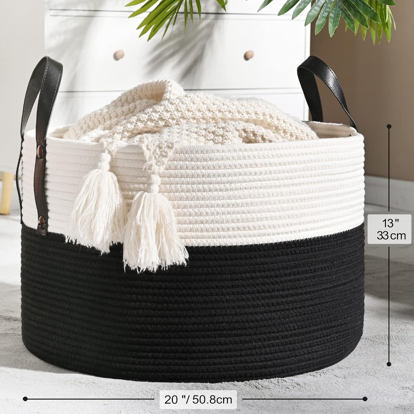 KAKAMAY Large Blanket Basket (20"x13"),Woven Baskets for storage Baby Laundry Hamper, Cotton Rope Blanket Basket for Living Room, Laundry, Nursery, Pillows, Baby Toy chest (White/Black)