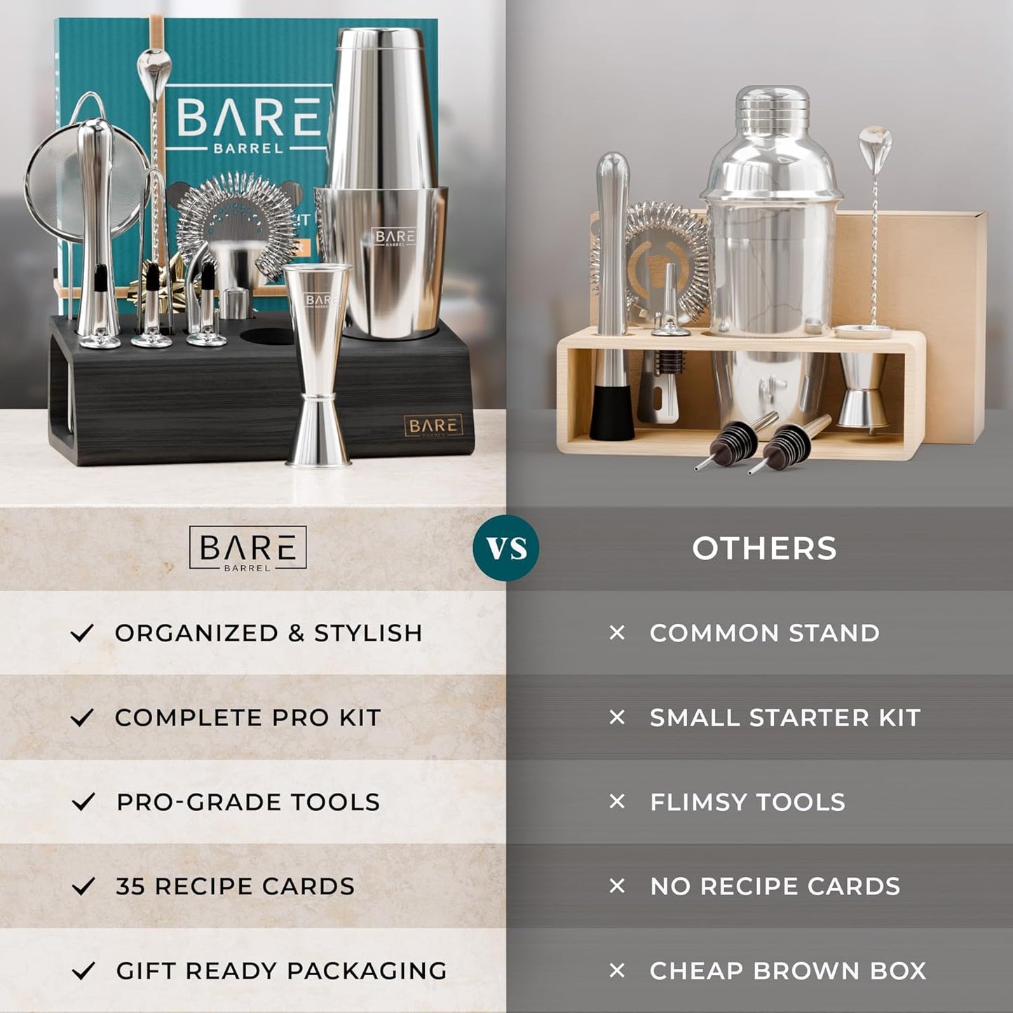 BARE BARREL® Mixology Bartender Kit Bar Set | 14-Piece Cocktail Shaker Set | Martini Barware Mixing Tools for Home Bartending | Incl. 35 Recipe Cards | Gift Set (28oz Boston Shaker, Silver/Black)