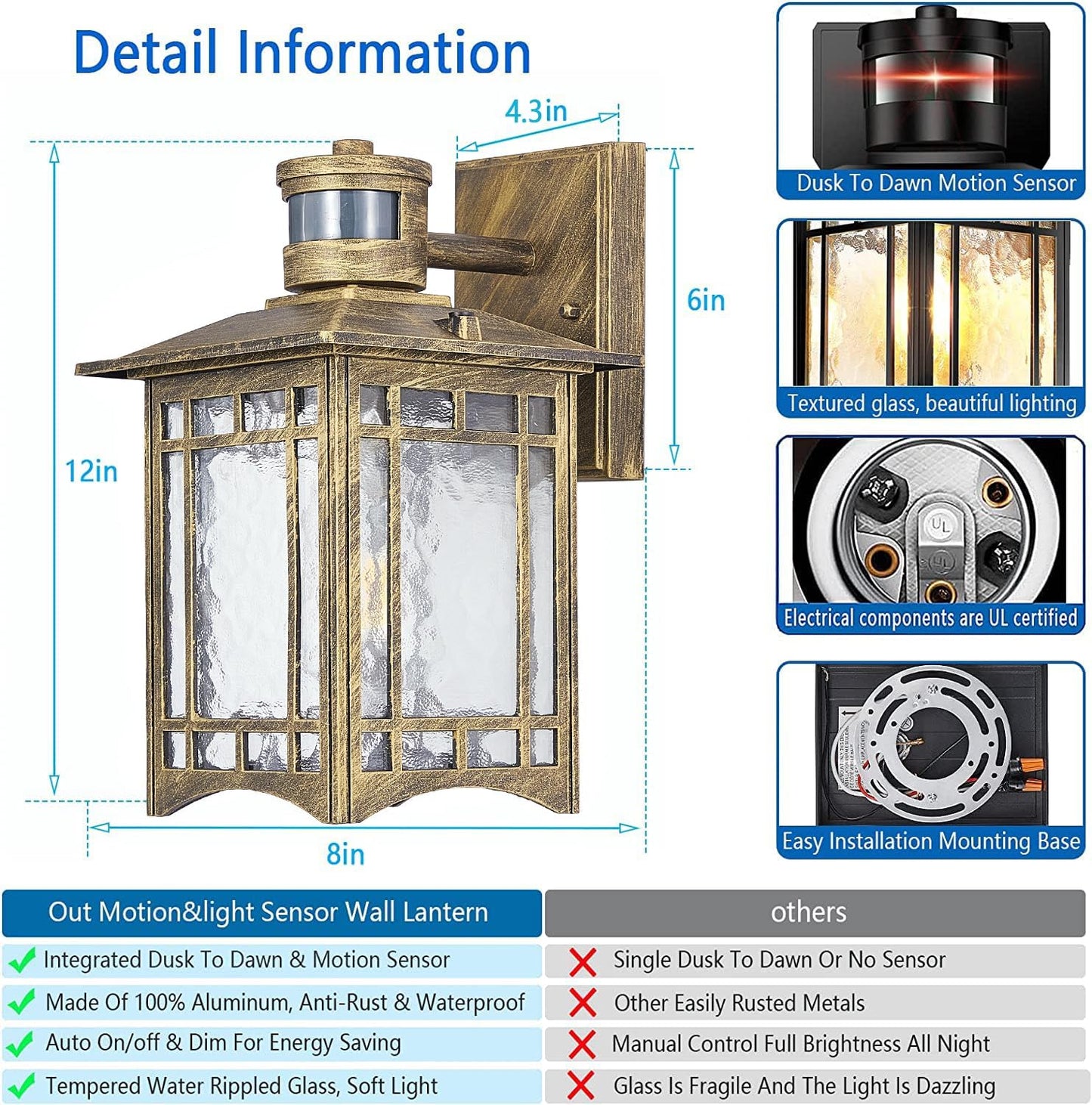Bronze Outdoor Motion Sensor Lights - Dusk to Dawn Lighting Fixture for Outside House Exterior - Wall Mount Porch Lantern with Yard Front Motion Detector - Garage Patio Anti-Rust Light