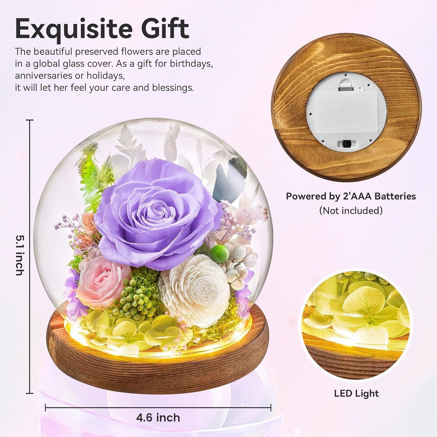 Preserved Flowers Rose Birthday Gifts for Women, Forever Flowers in Glass Ball, Long-Lasting for Mom Her Wife Grandma Anniversary Valentines (Light Purple)