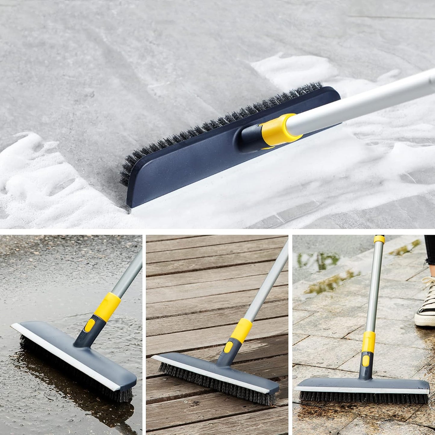 Yocada Floor Scrub Brush Telescopic Handle 2 in 1 Scrape Brush Stiff Bristle Shower Scrubber for Cleaning Patio Bathroom Garage Kitchen Wall Deck Tub Tile 55.9 inch Tall