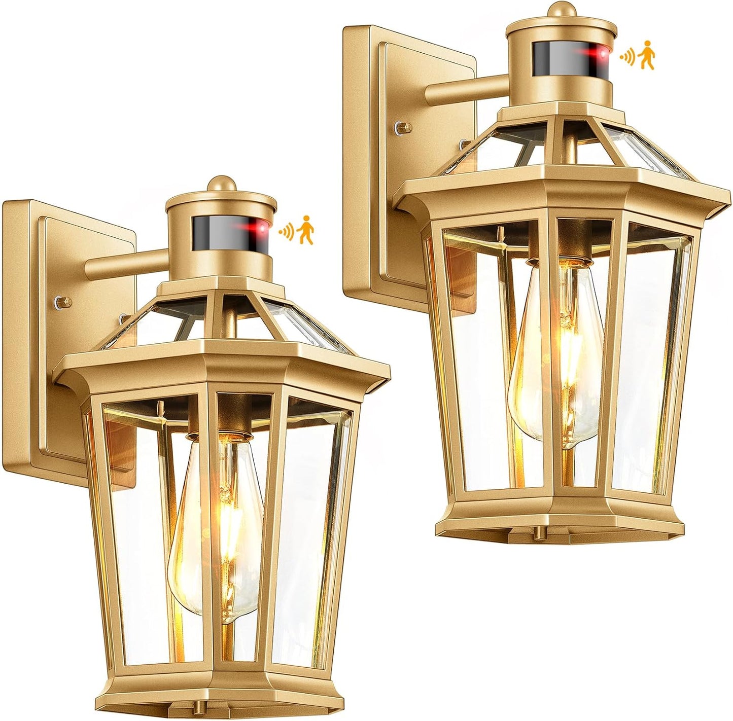 VIANIS Outdoor Wall Lights Lantern, 2 Pack Gold Motion Sensor Proch Light, Dusk to Dawn Weather Resistant Exterior Lights for House Sconce, Waterproof Garage Lights with Clear Glass Shade