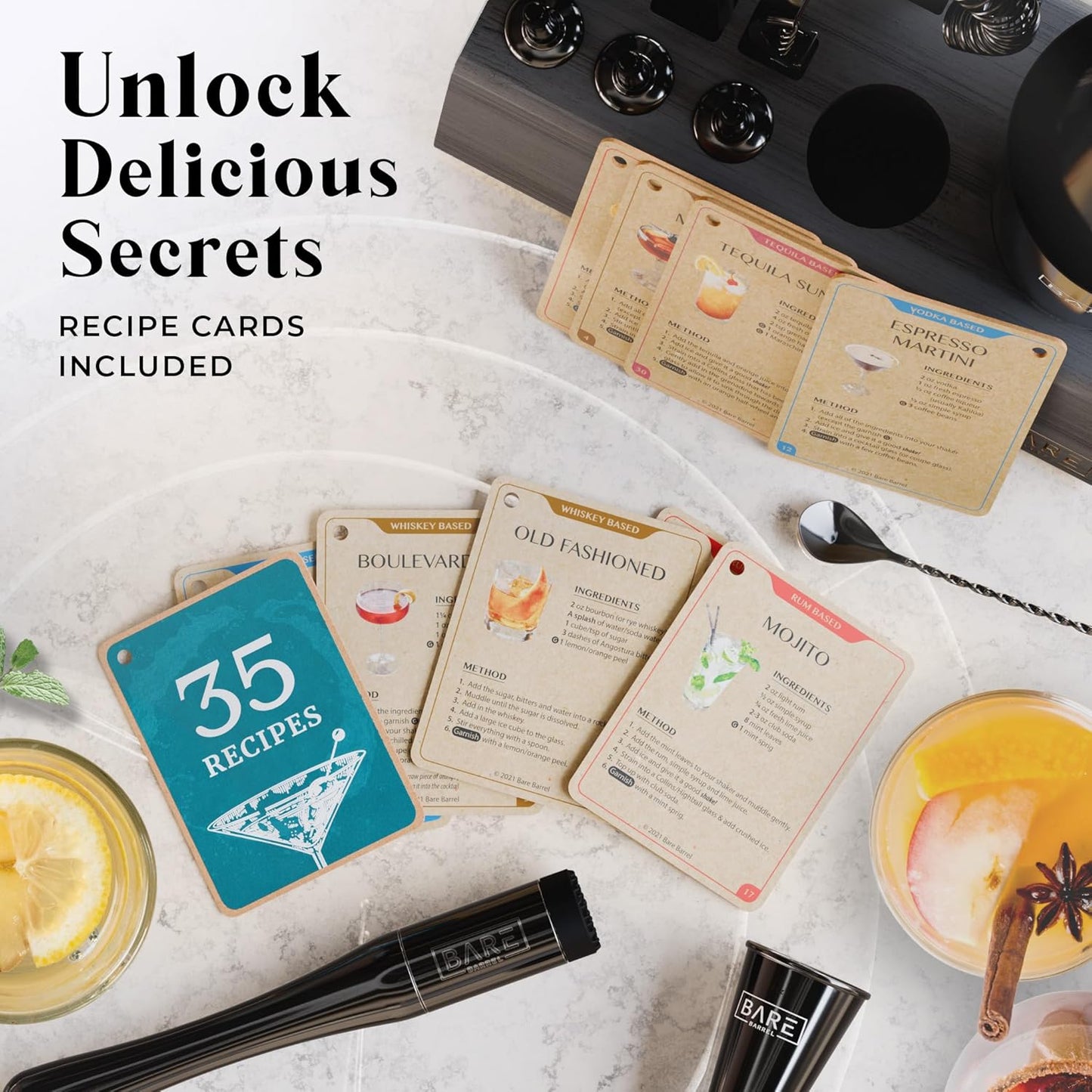 BARE BARREL® Mixology Bartender Kit Bar Set | 14-Piece Cocktail Shaker Set | Martini Barware Mixing Tools for Home Bartending | Incl. 35 Recipe Cards | Gift Set (28oz Boston Shaker, Jet Black/Black)