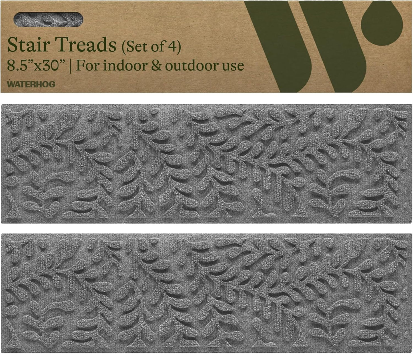 Bungalow Flooring Waterhog Stair Treads (Set of 4) – 8 1/2 x 30 Inches, Durable,Water-Trapping, Indoor/Outdoor Floor Covering, Boxwood Collection – Made in USA, Medium Grey