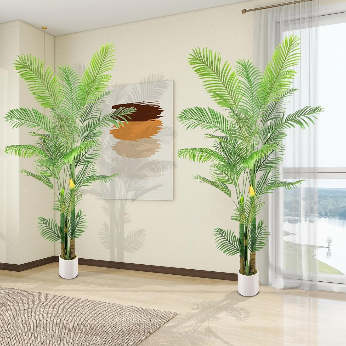 Artificial Fake Palm Tree 9FT 2Pack with White Planter & Free Moss, UV Resistant Artificial Palm Tree for Outdoors, Fake Plants for Poolside Home Room Decor, Faux Plants Outdoor Decor
