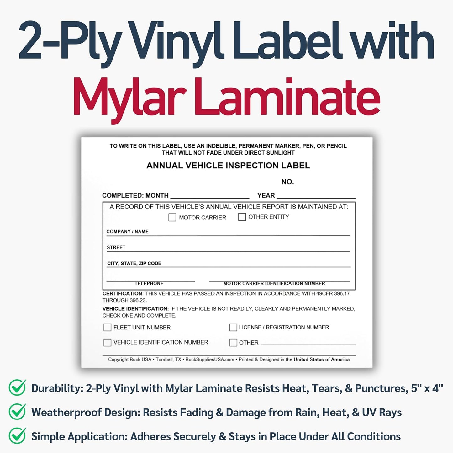 10 Pack 3-Ply Carbonless Annual Vehicle Inspection Report Forms with FMCSA 2-Ply Mylar Laminate Adhesive Vinyl Labels, DOT Inspection Forms and Stickers, Shrink-Wrapped, 8.5" x 11.75" - Made in USA