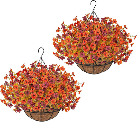 2 Pack Fall Artificial Hanging Flowers Baskets for Outdoors, UV Resistant Fake Fall Hanging Plants, Faux Orange Flowers for Autumn Patio Front Porch Balcony Decor (Orange Red)