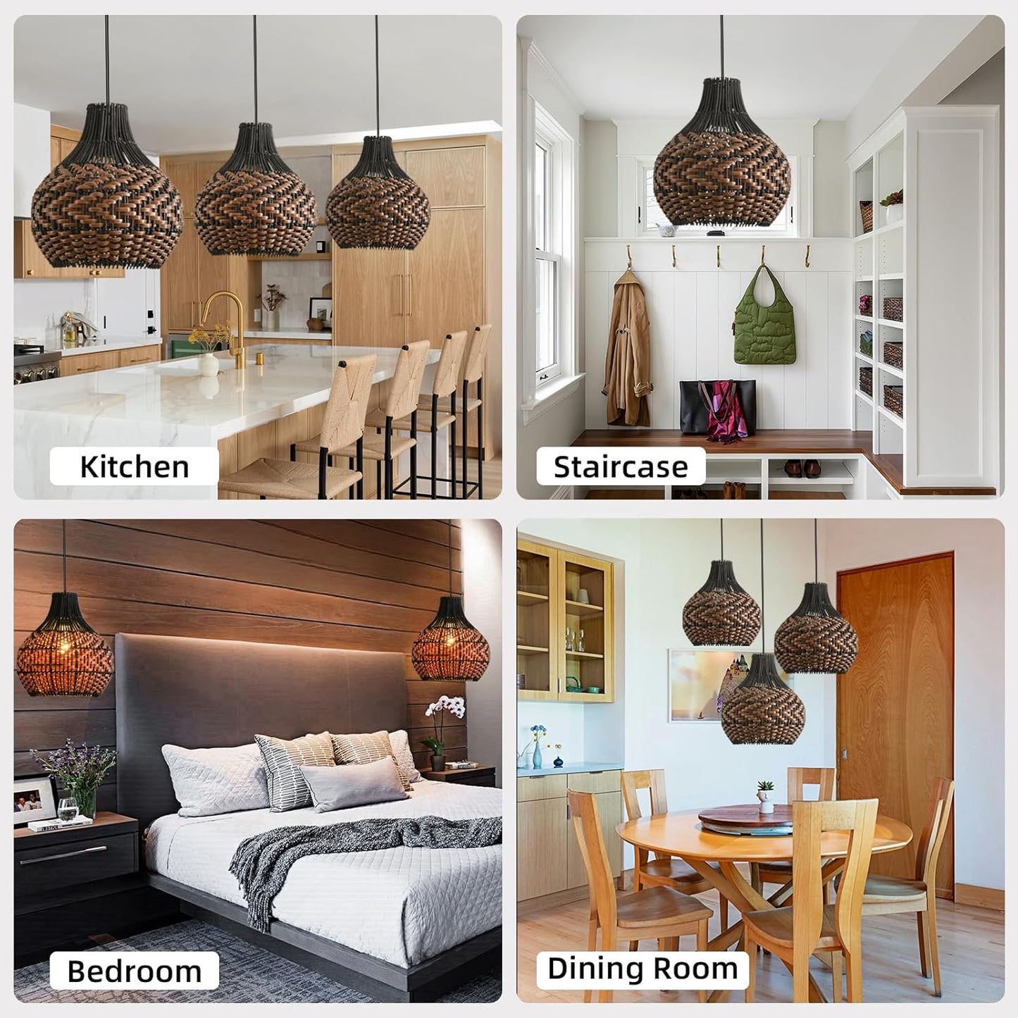 3-Pack Rattan Pendant Light 10.24" Hand-Woven Black Brown Fax Rattan Basket Chandelier Mini Boho Wicker Hanging Lamp for Dining Living Bedroom Kitchen Farmhouse