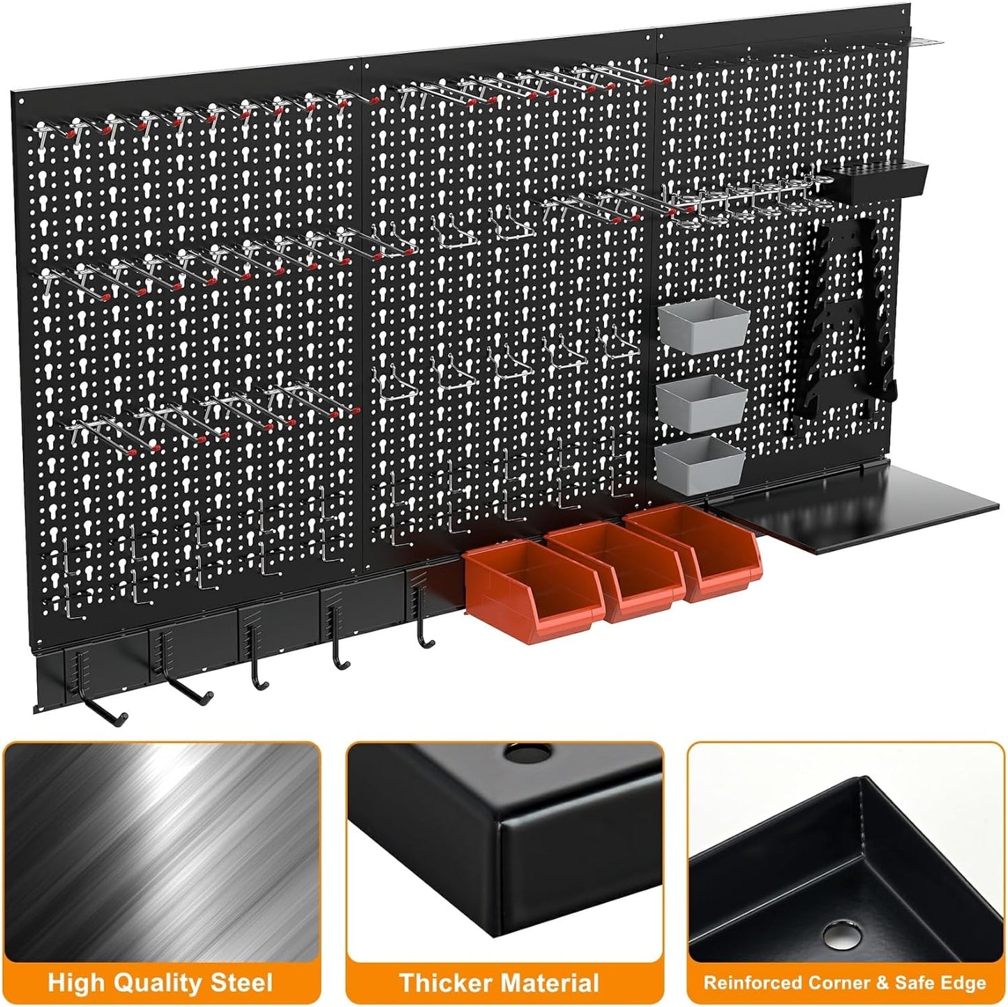 TORACK Metal Pegboard Wall Organizer System for Garage, 109PCS Pegboard Accessories Organizer Kit with Pegboard Bins, Hooks, Peg Locks, Pegboard Storage System for Workbench(Black)