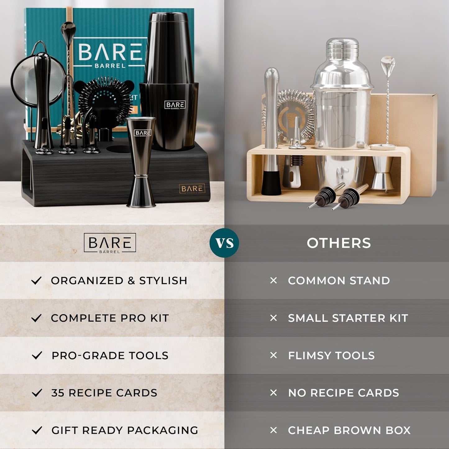 BARE BARREL® Mixology Bartender Kit Bar Set | 14-Piece Cocktail Shaker Set | Martini Barware Mixing Tools for Home Bartending | Incl. 35 Recipe Cards | Gift Set (28oz Boston Shaker, Jet Black/Black)