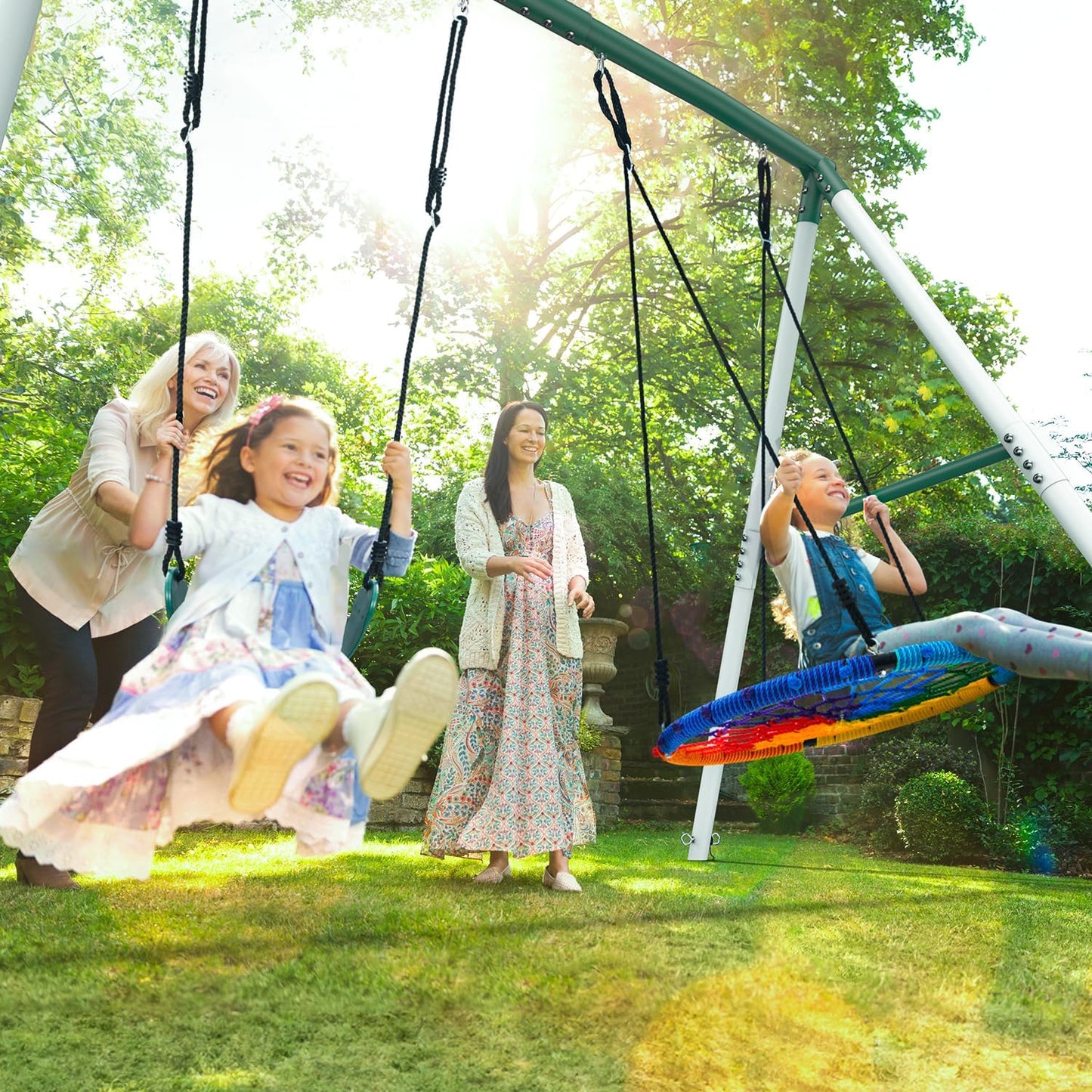 Hapfan 7.5ft Tall Swing Sets for Backyard, 500lbs Heavy Duty Swing Set for Kids and Adults with Spider Swing and Belt Swing, Outdoor Playground Sets for Backyards (Green and White)