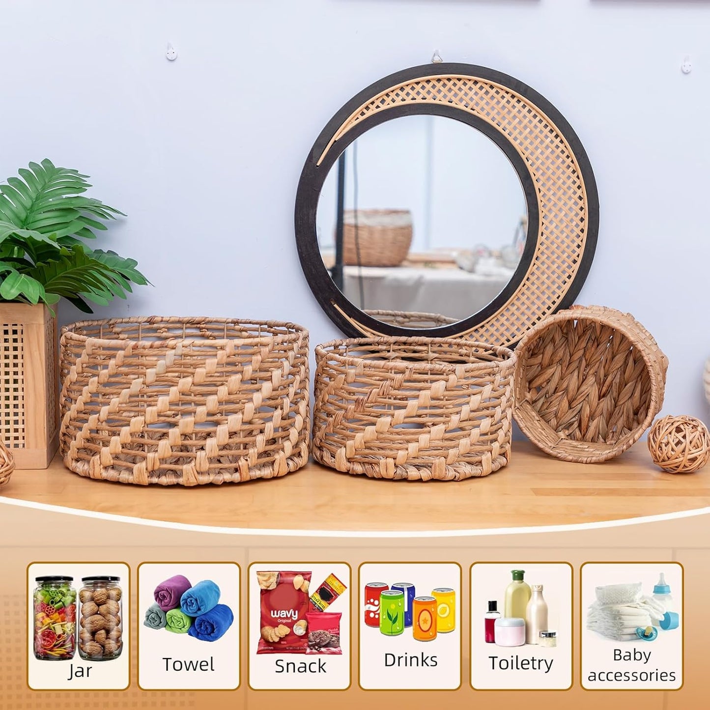 Storage Baskets Natural Weave Handwoven Round Paper Rope Hyacinth basket Stackable writing desk Organizer for Home, Eco-Friendly Woven Decor Set of 3
