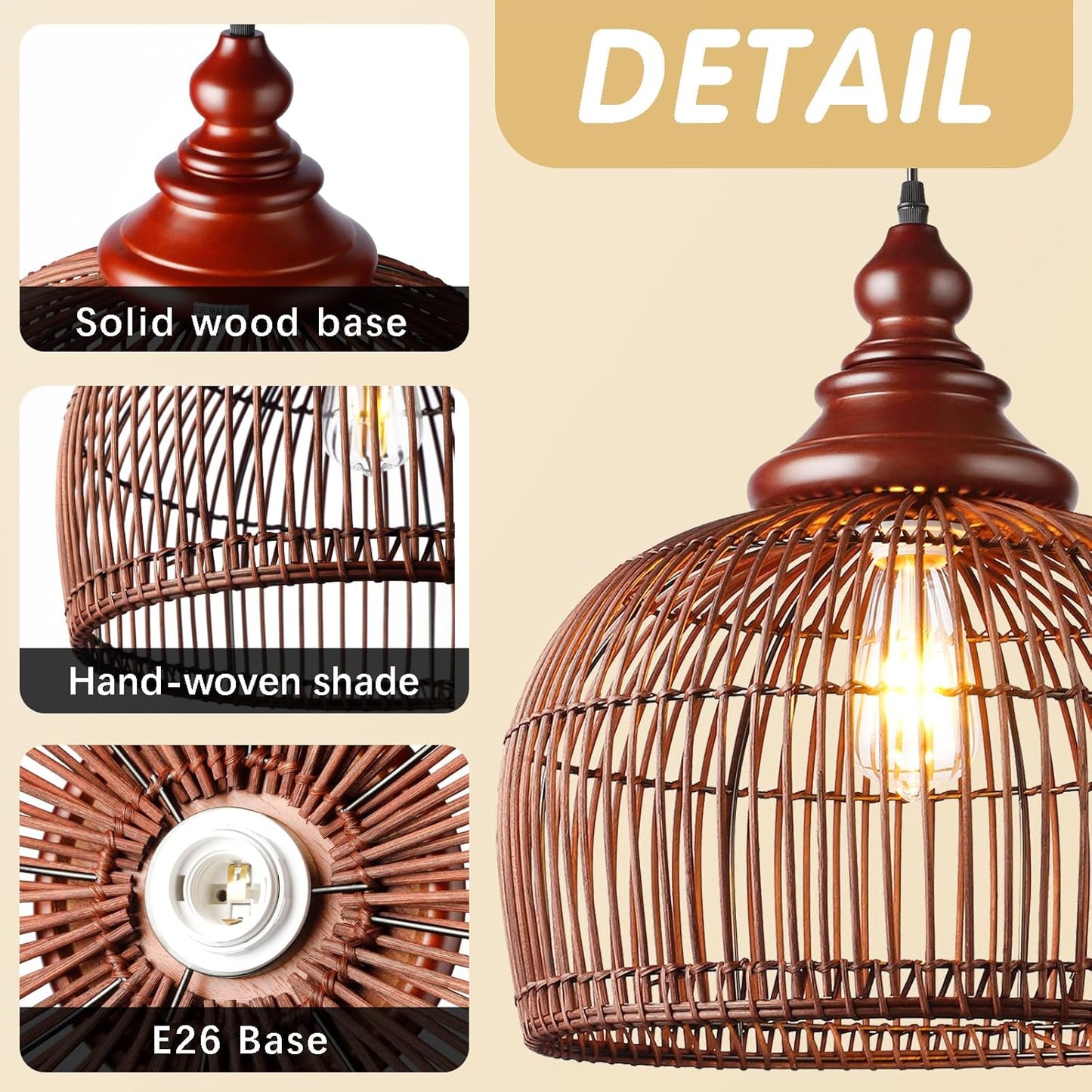 Rattan Pendant Light Kitchen Island, 15.8" Boho Dining Room Light Fixture Hand-Woven Wicker Chandelier Farmhouse Weaving Lighting Coastal Ceiling Hanging Lights for Living Room Restaurant