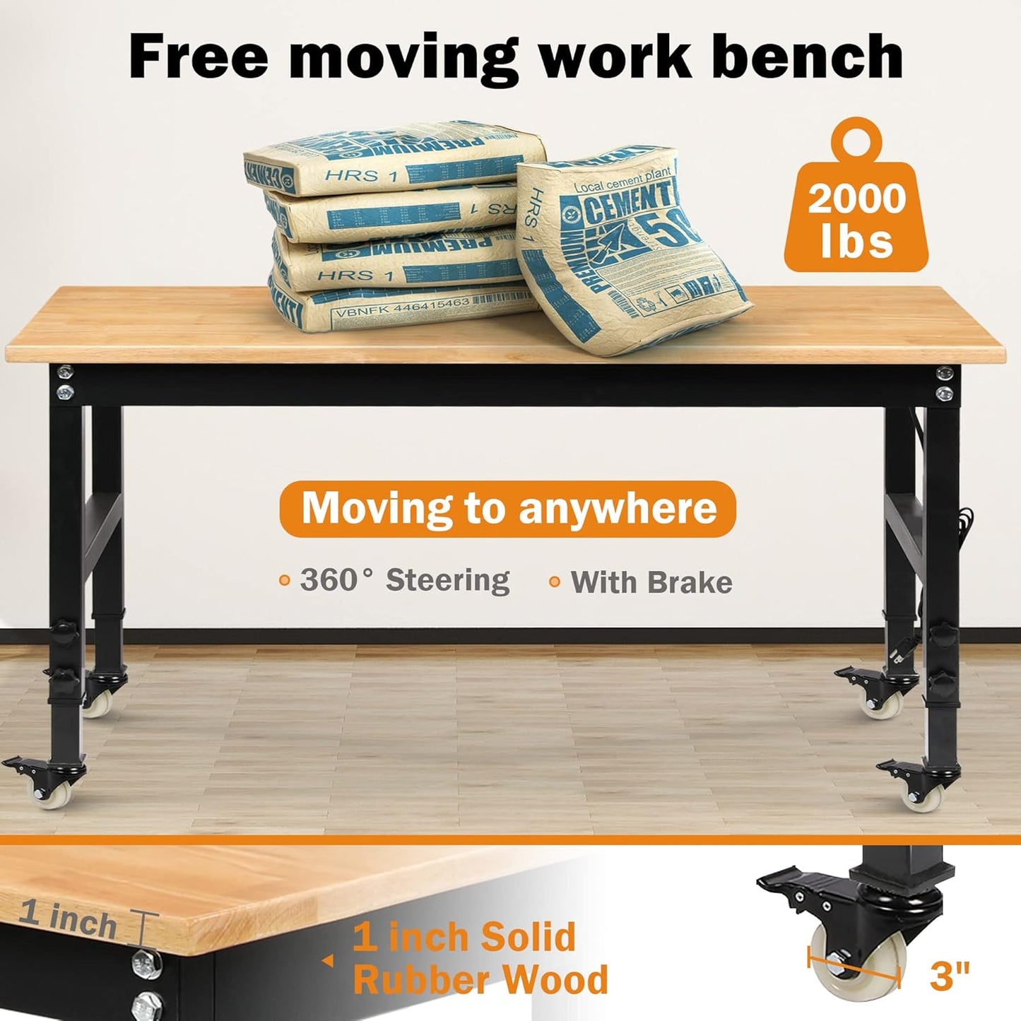 60" Adjustable Workbench for Garage, Rubber Wood Heavy Duty Workstation with Power Outlets & Wheels, 2000 LBS Load Capacity Hardwood Worktable for Workshop, Garage, Office, Home, Commercial