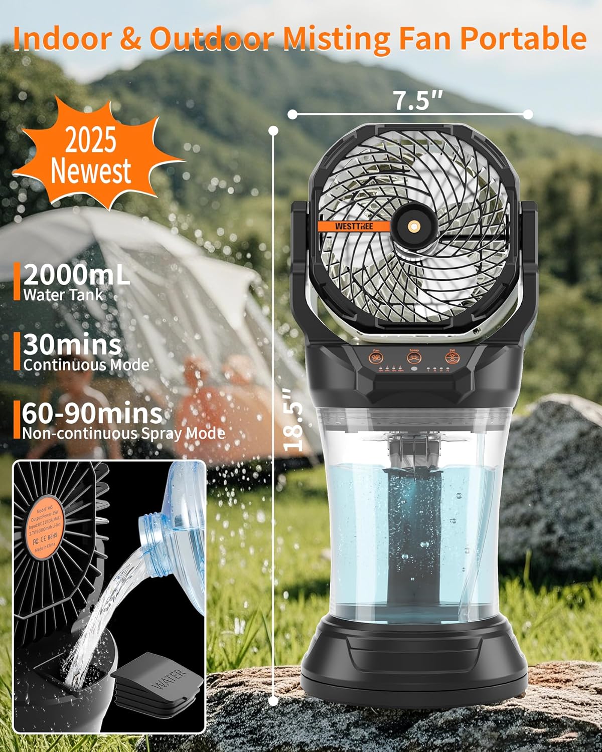 Portable Misting Fan with Large Battery Fan-Rechargeable Outdoor Misting Cooling Fans with 2L Water Tank,RGB Lights,4 Speeds & Spray Modes-for Patio, Camping, Beach, Workshop (Black)