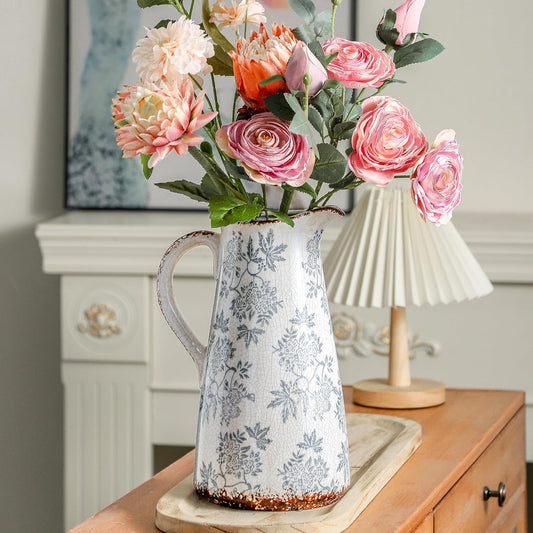 Enra Blue and White vase with Handle,12.2 inch Ceramic Vintage Decorative Flower Pitcher vase, Chinoiserie Floral Vase,Large Rustic Vases for Home Decors, Living Room, Bookshelf, Office