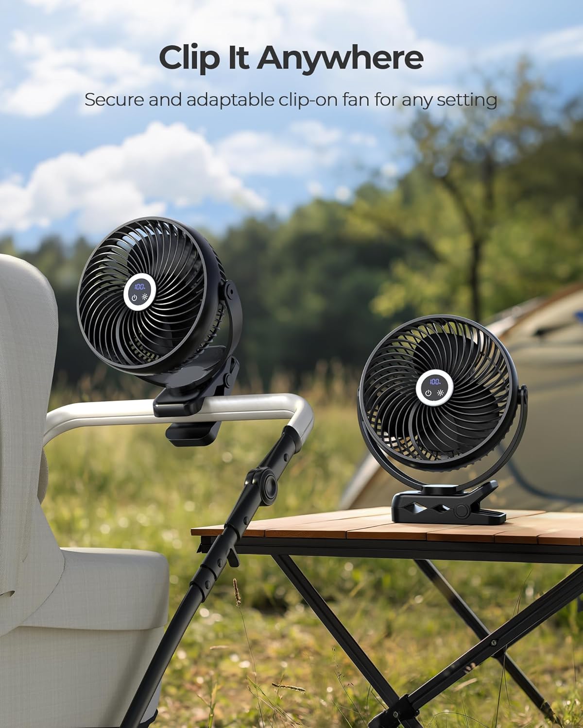 Koonie 10000mAh Portable Clip on Fan with LED Lantern and Hook, 8'' Battery Operated Desk Fan, Quiet Camping Fan with LED Digital Display, 360° Rotation & 3 Speeds for Travel Tent Gym Treadmill