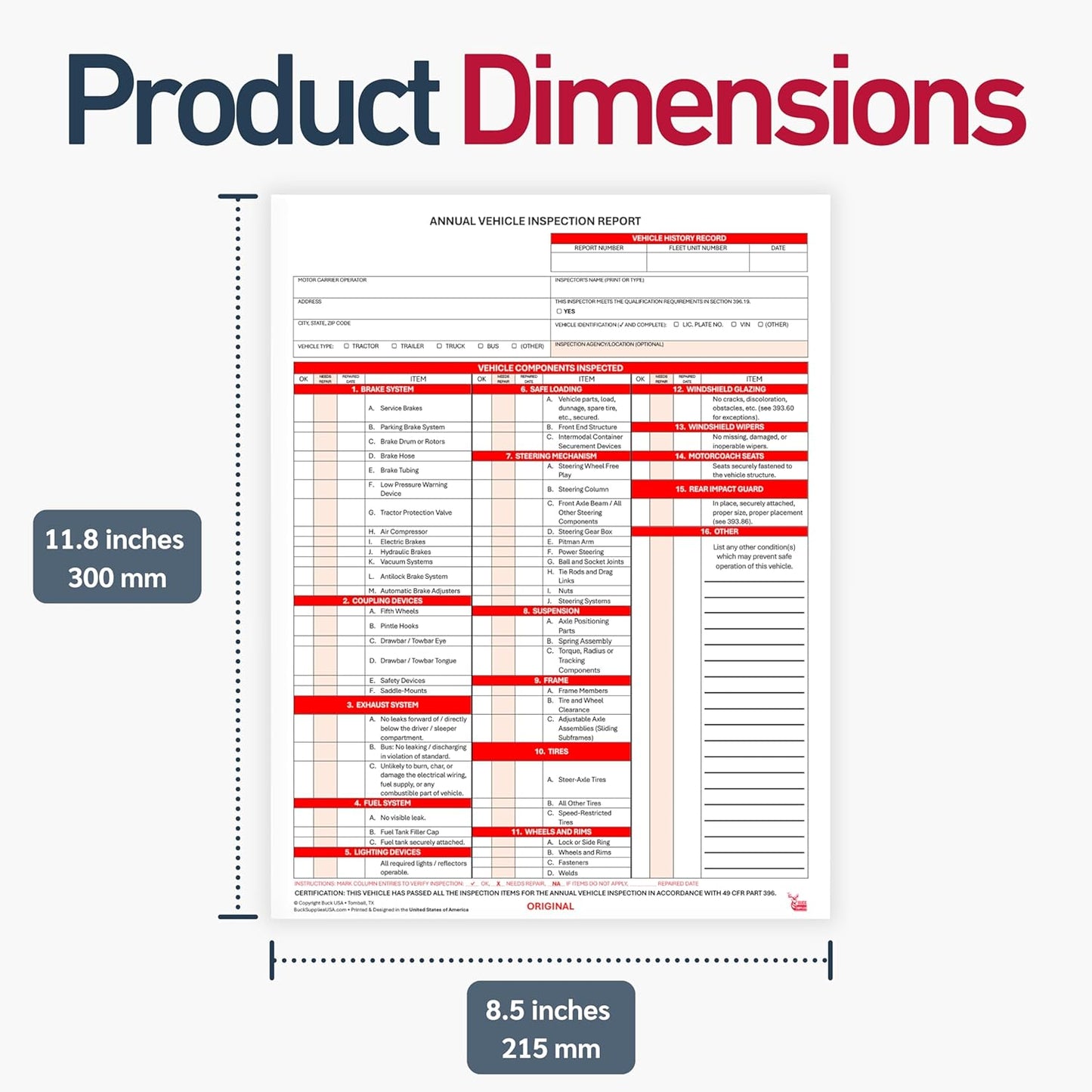 100 Pack 3-Ply Carbonless Annual Vehicle Inspection Report Forms with FMCSA Red Aluminum Labels & White Mylar Laminate Vinyl Labels, DOT Inspection Forms and Stickers, Shrink-Wrapped, 8.5" x 11.75"