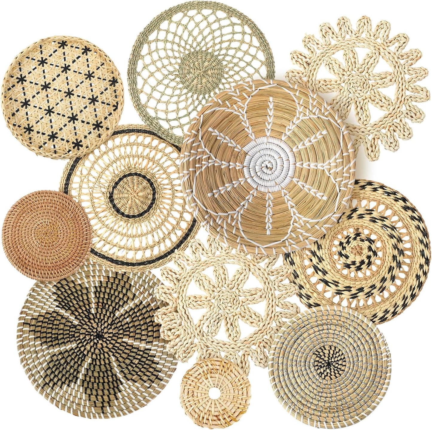 Tatuo 11 Pcs Boho Wall Basket Decor Decorative Bulrush Woven Basket Wall Decor Art Round Farmhouse Hanging Baskets for Kitchen Rustic Home Summer Decorations, Multi Sizes(Vivid)