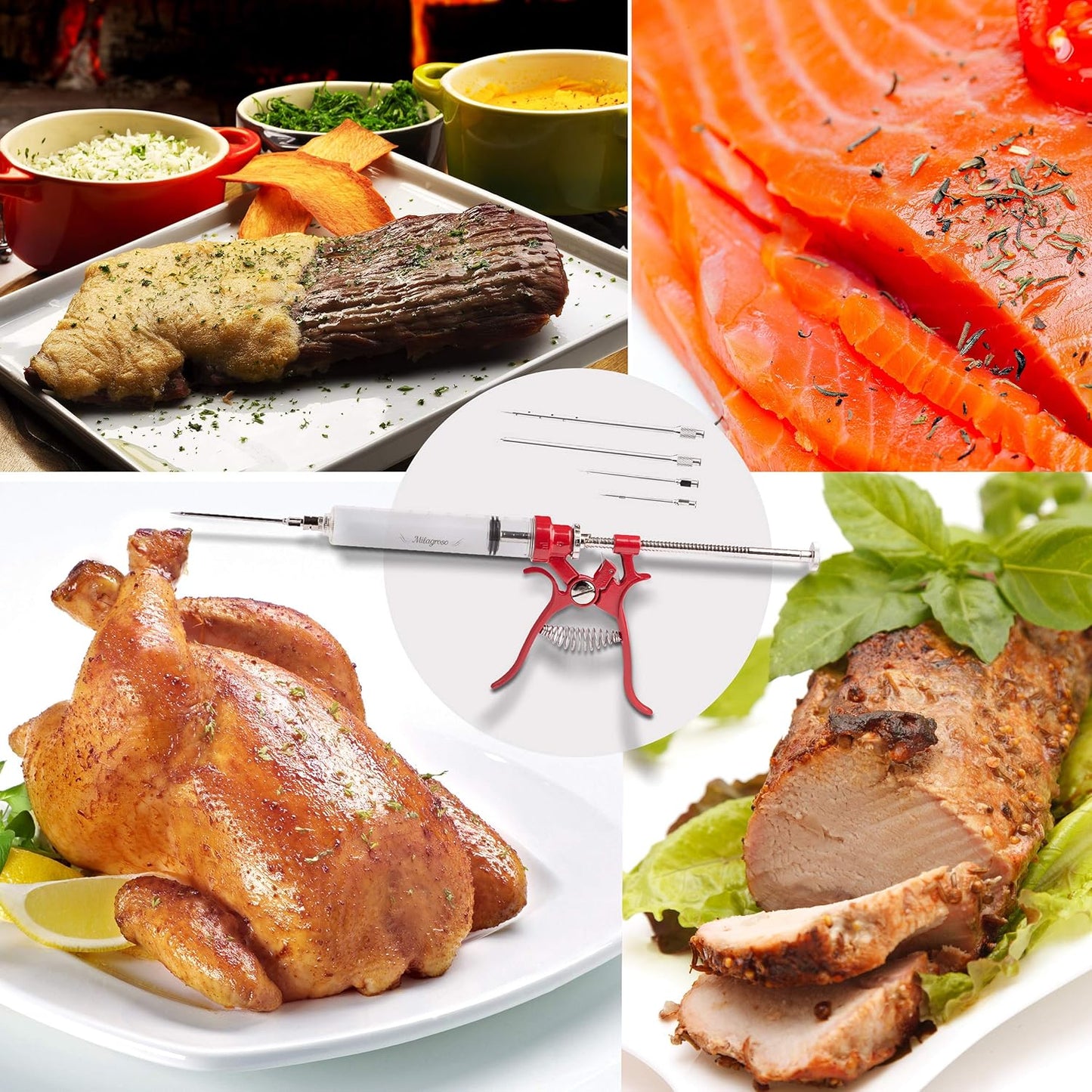 Meat Injector Marinade Gun Stainless Steel Outdoor Kit Flavor Food Syringes & 4 Marinades Needles for BBQ Grill Smoker Injectors Professional Syringe Held Culinary Barbecue Tool