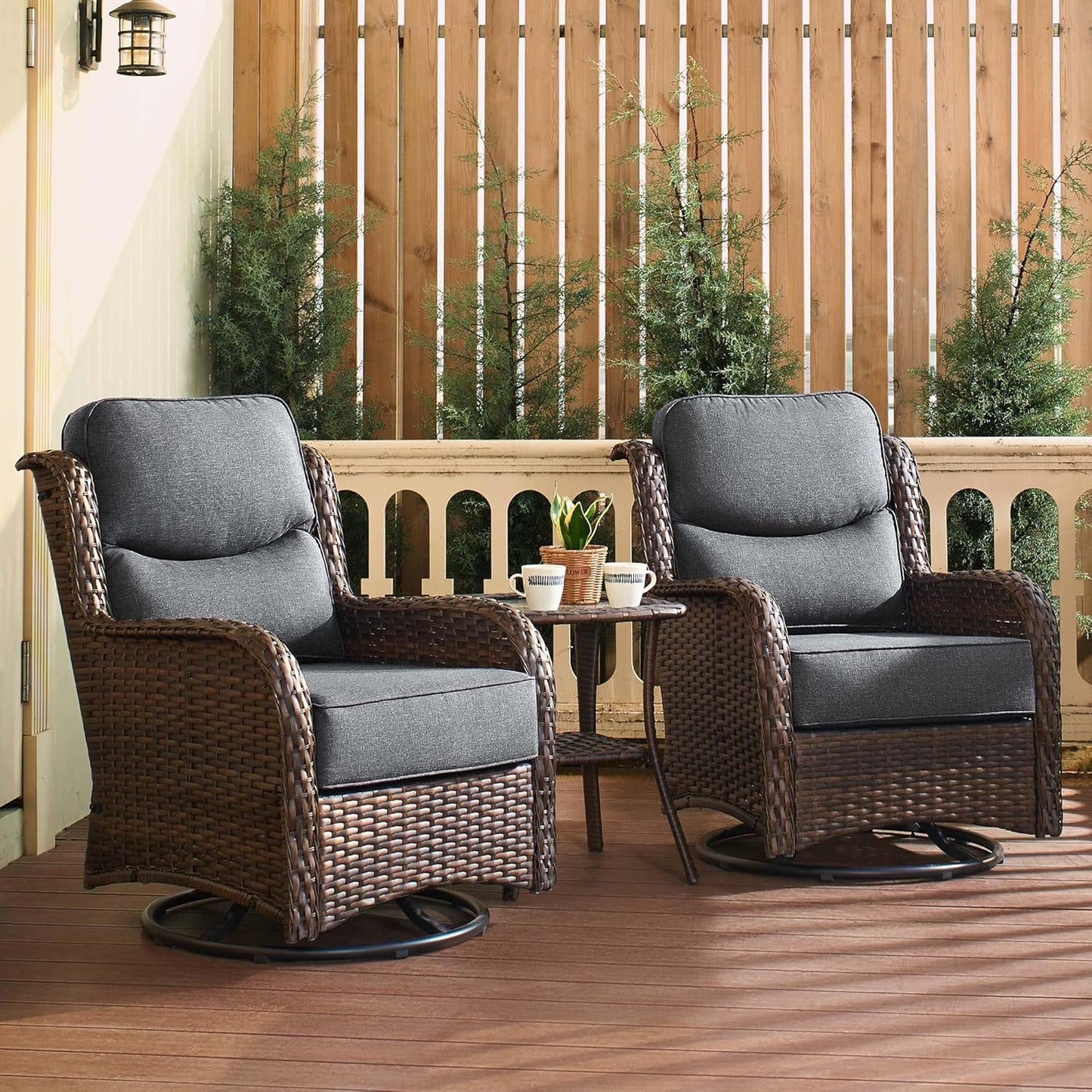 HILLGA Luxury Patio Furniture Set with 6-inch Thick Cushion, Outdoor High Back Swivel Rocker Patio Chairs, 3PCS Wicker Conversation Set for Deck Yard and Poolside, Dark Grey (V2)